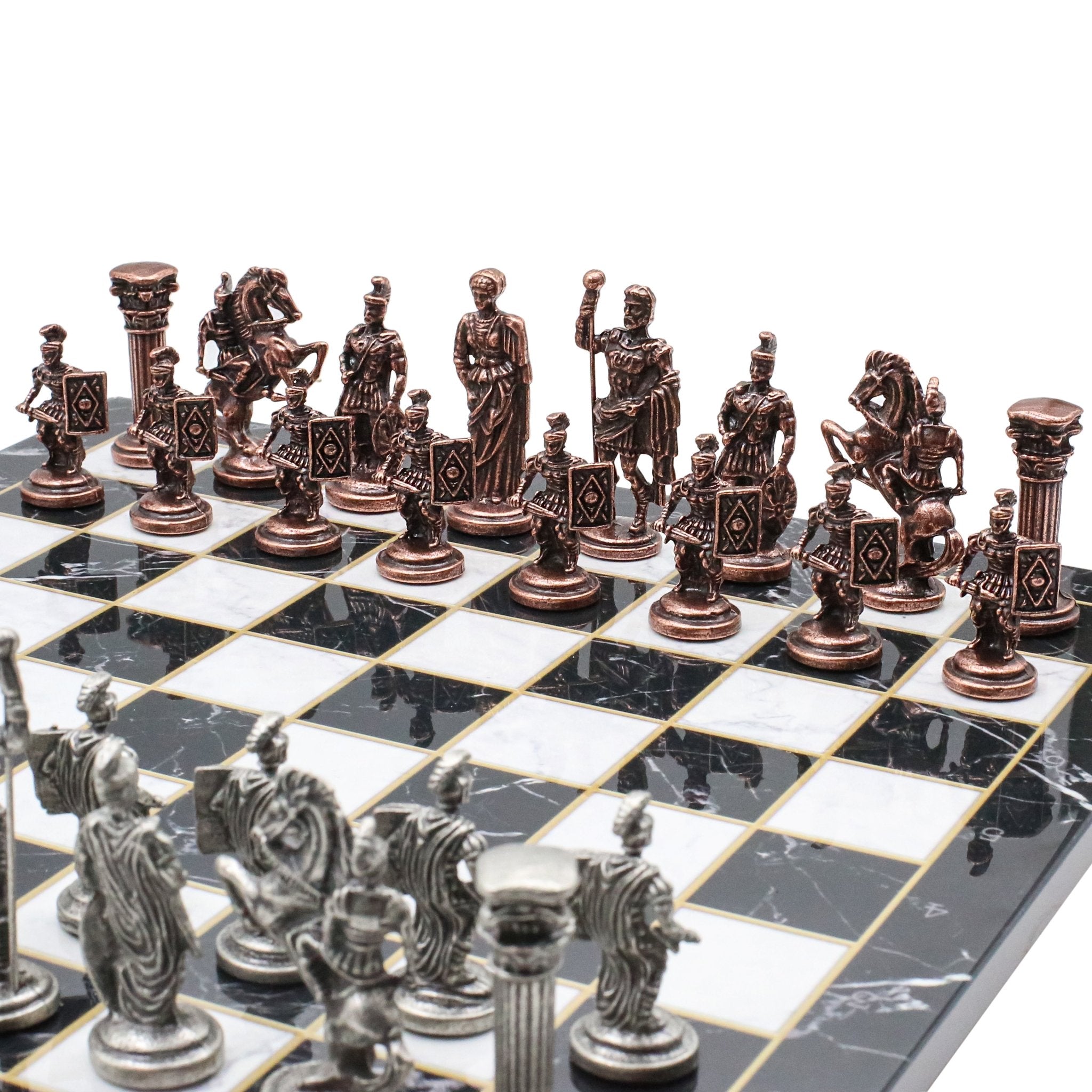 Roman Caesar Vintage Metal Chess Set | Wooden Chess Board 37CM (15") - Cooper Chess