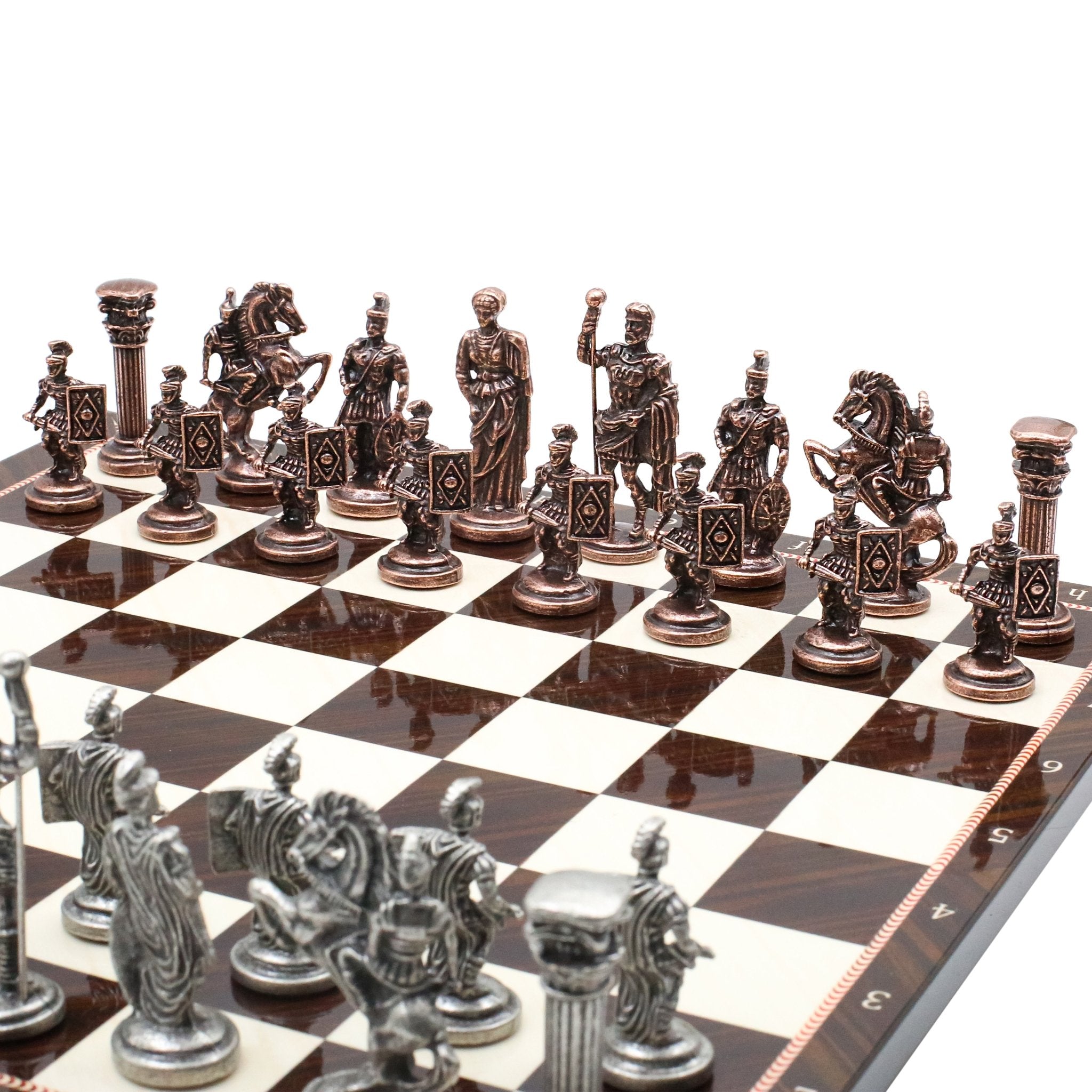 Roman Caesar Vintage Metal Chess Set | Wooden Chess Board 37CM (15") - Cooper Chess