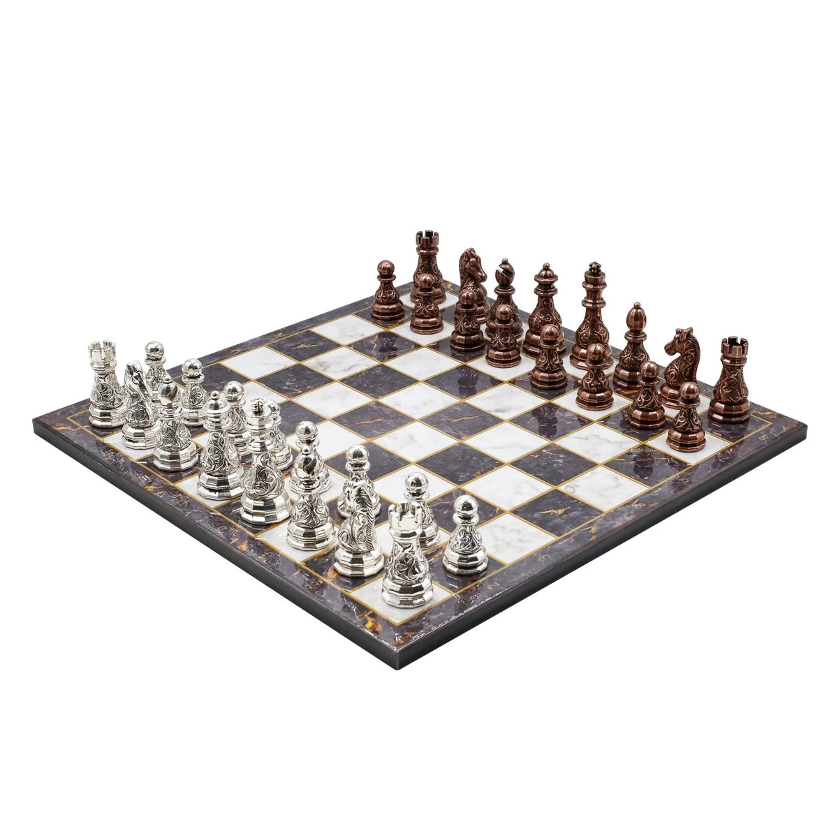 Crystal Baroque Metal Chess Set | Bronze - Silver | Wooden Chess Board 37CM (15") - Cooper Chess