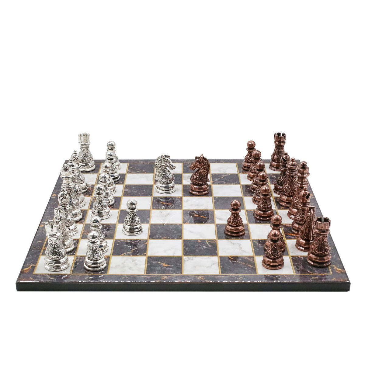 Crystal Baroque Metal Chess Set | Bronze - Silver | Wooden Chess Board 37CM (15") - Cooper Chess
