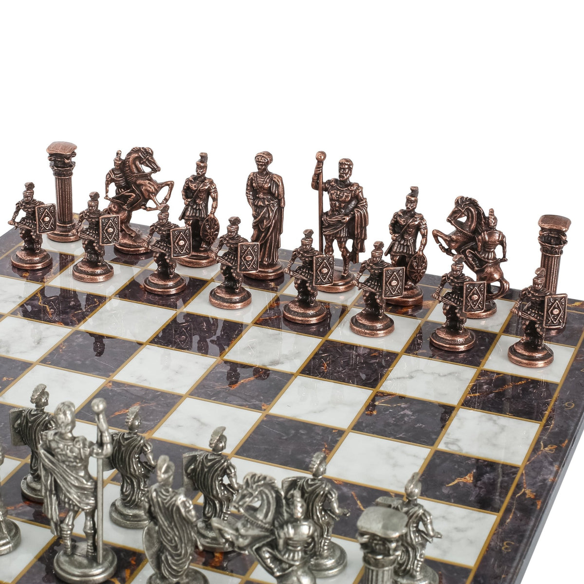 Roman Caesar Vintage Metal Chess Set | Wooden Chess Board 37CM (15") - Cooper Chess