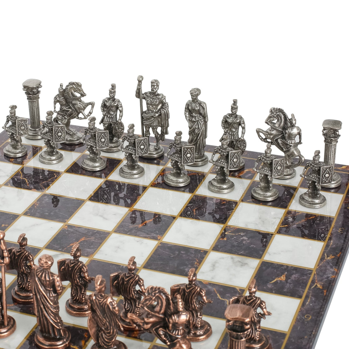 Roman Caesar Vintage Metal Chess Set | Wooden Chess Board 37CM (15") - Cooper Chess