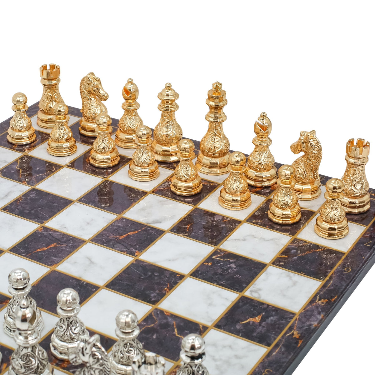 Crystal Baroque Metal Chess Set | Gold - Silver | Wooden Chess Board 37CM (15") - Cooper Chess