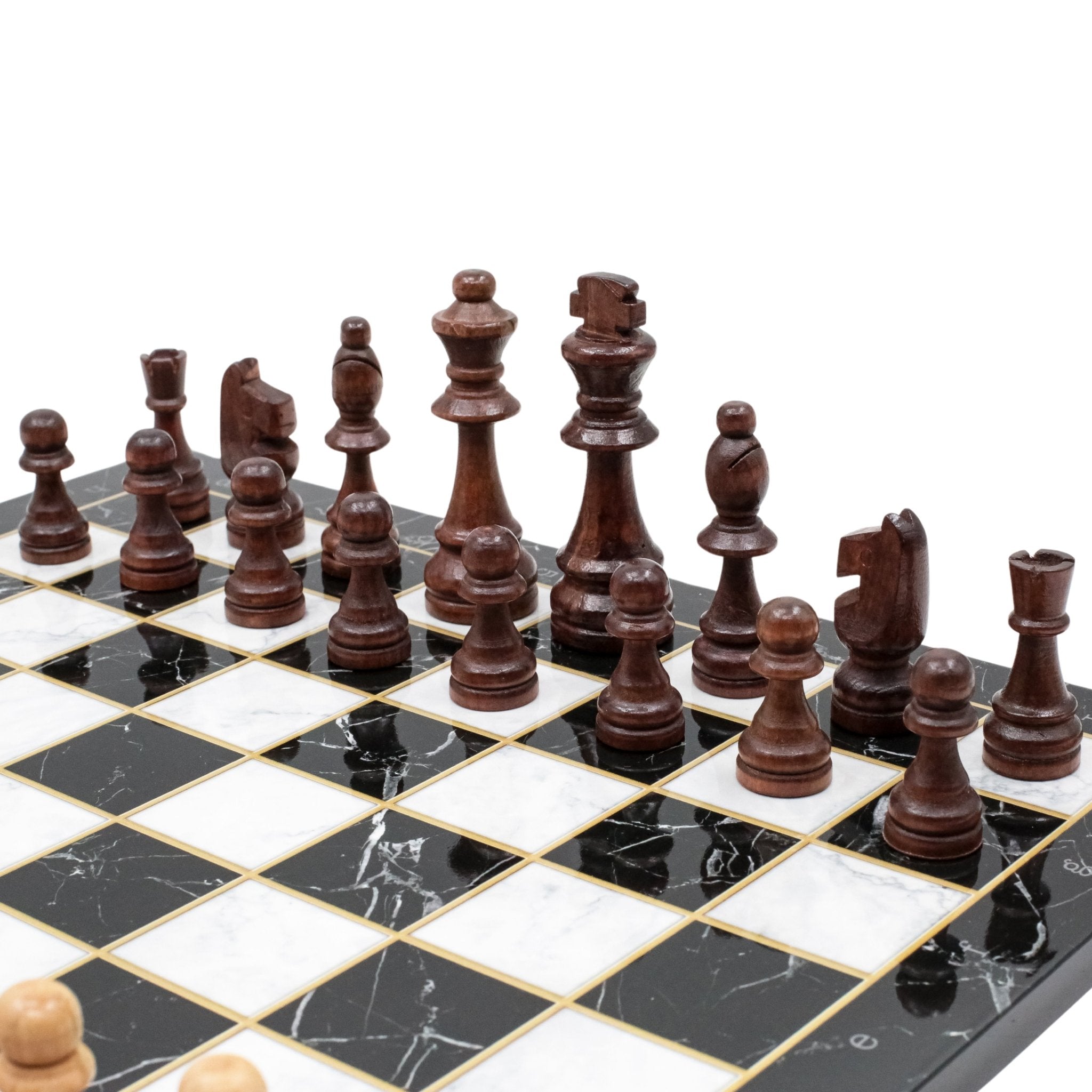 Black Marble Look Wooden Chess Set with Wooden Chess Pieces - Cooper Chess