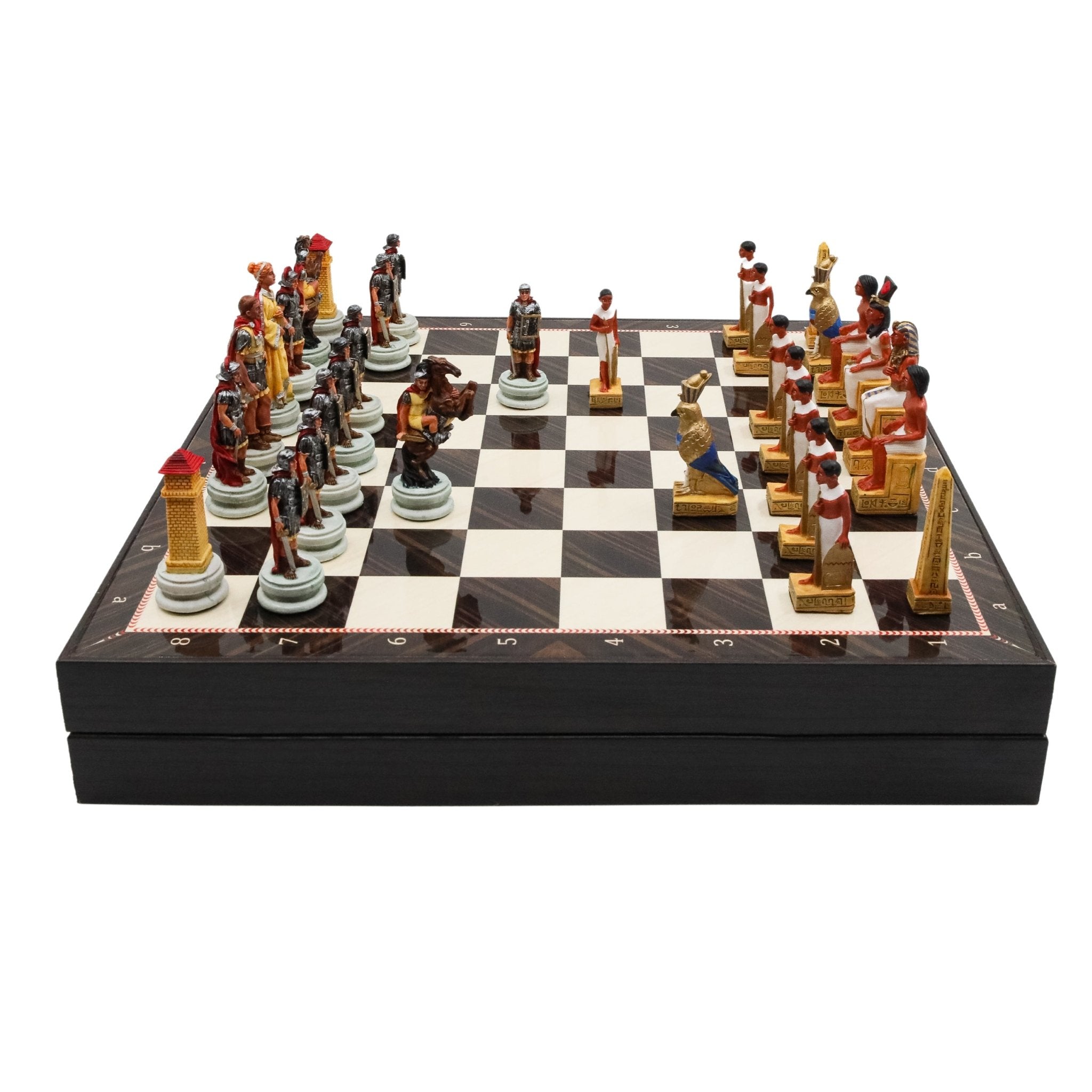 Storage Chess Set with Hand - painted Egyptian vs Roman Figures (White Colour) | 37 CM (15") Storage Chess Board | Nile War Egyptian vs Roman Themed Figures - Cooper Chess