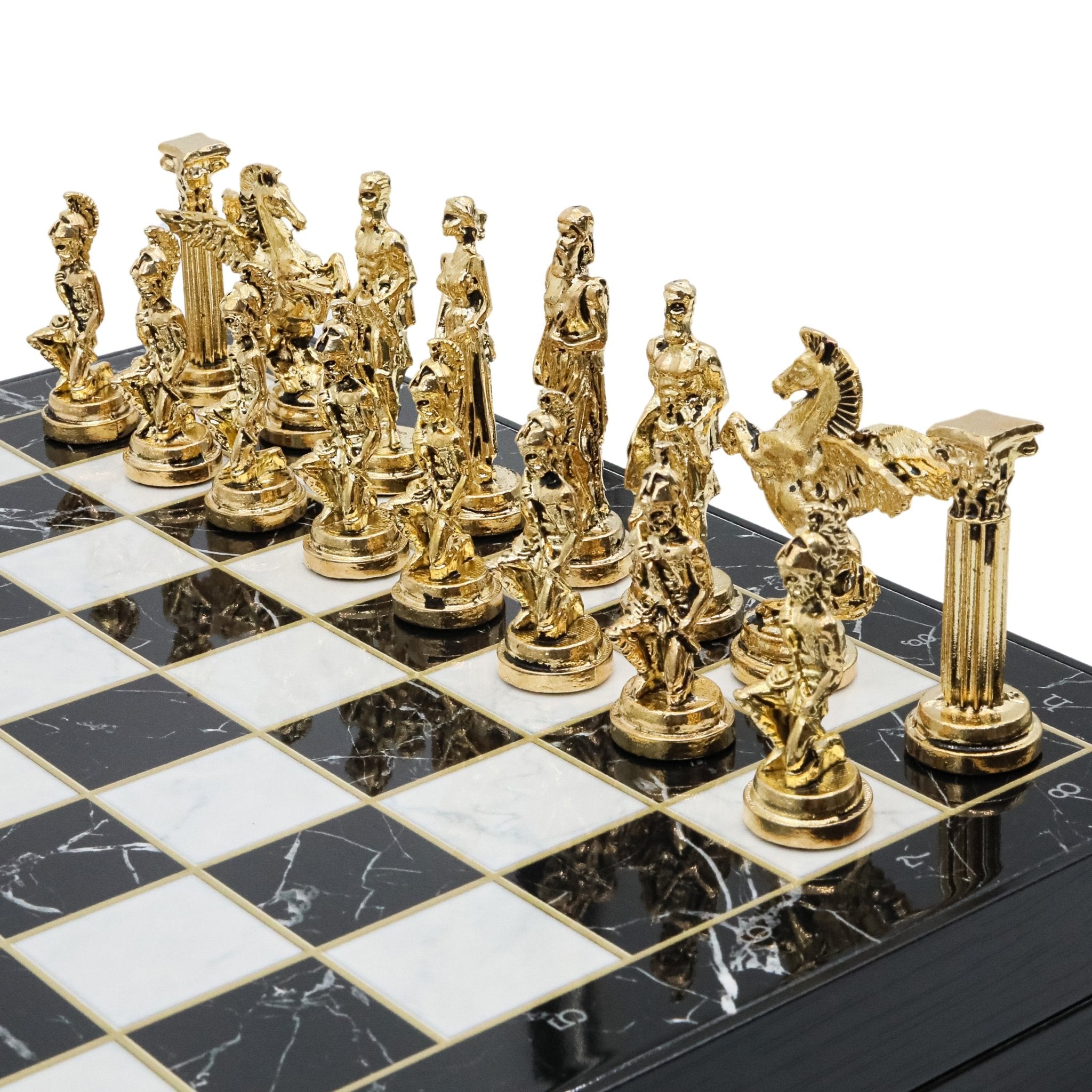 Storage Chess Set with Die Cast Metal Mythology Pegasus Chessmen | 37 CM (15") Storage Chess Board | Greek Pegasus Themed Figures - Cooper Chess