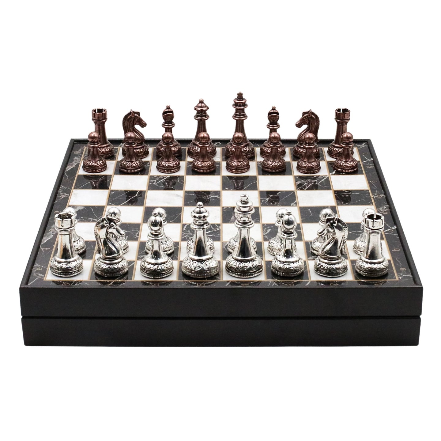 37 CM (15") Storage Chess Set with Metal Weighted Classic Baroque Figures (Bronze vs Silver) - Cooper Chess