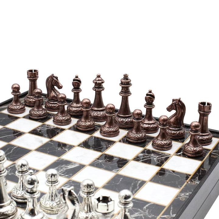 37 CM (15") Storage Chess Set with Metal Weighted Classic Baroque Figures (Bronze vs Silver) - Cooper Chess