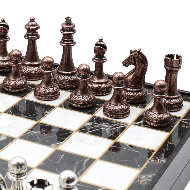 37 CM (15") Storage Chess Set with Metal Weighted Classic Baroque Figures (Bronze vs Silver) - Cooper Chess