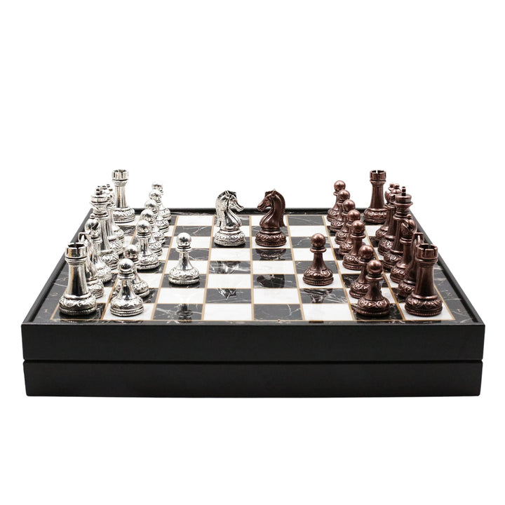 37 CM (15") Storage Chess Set with Metal Weighted Classic Baroque Figures (Bronze vs Silver) - Cooper Chess