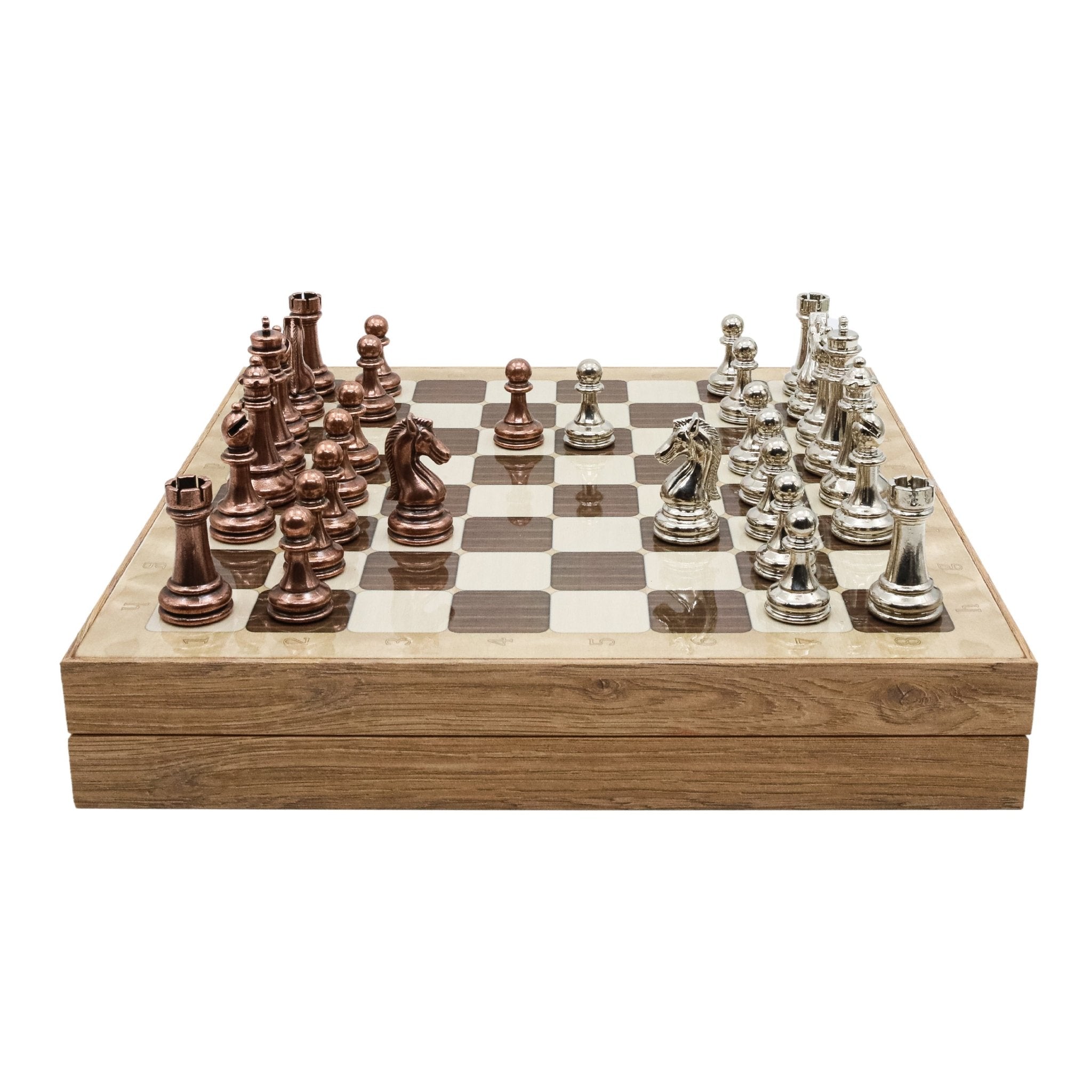 Storage Chess Set with Metal Weighted Staunton Figures (Bronze vs Silver) | 37 CM (15") Storage Chess Board | Classic Metal Figures - Cooper Chess