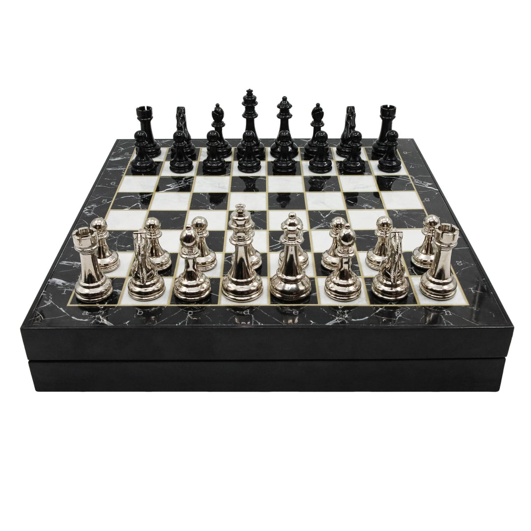 schachfiguren aufbewahrung 37 cm (15 Zoll) Aufbewahrungs-Schachset mit metallgewichteten Staunton-Figuren (Schwarz vs. Silber)