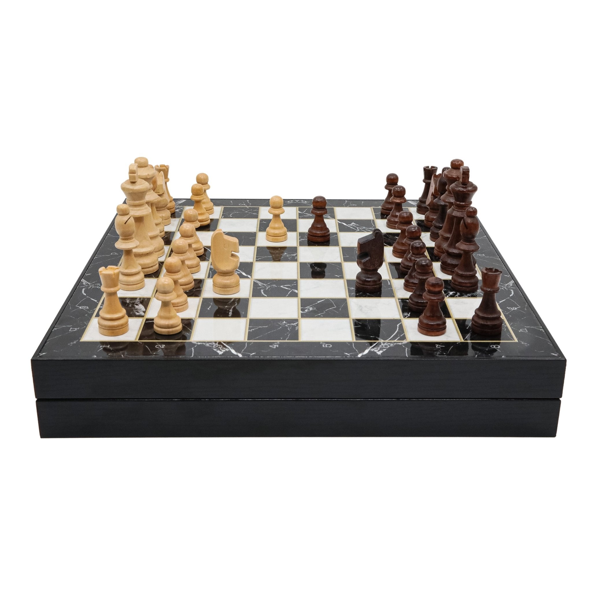 Wooden Storage Chess Set, Checkers, Draughts | 3in1 Game Set | 14 INCH (36CM) | Black Marble Colour - Cooper Chess