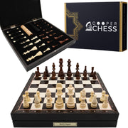 Wooden Storage Chess Set, Checkers, Draughts | 3in1 Game Set | 14 INCH (36CM) | Walnut Colour Board, Wooden Chess Pieces & Checkers - Cooper Chess