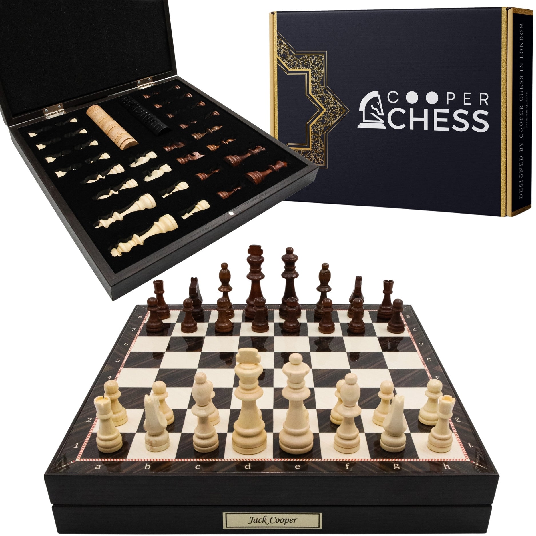 Wooden Storage Chess Set, Checkers, Draughts | 3in1 Game Set | 14 INCH (36CM) | Walnut Colour Board, Wooden Chess Pieces & Checkers - Cooper Chess