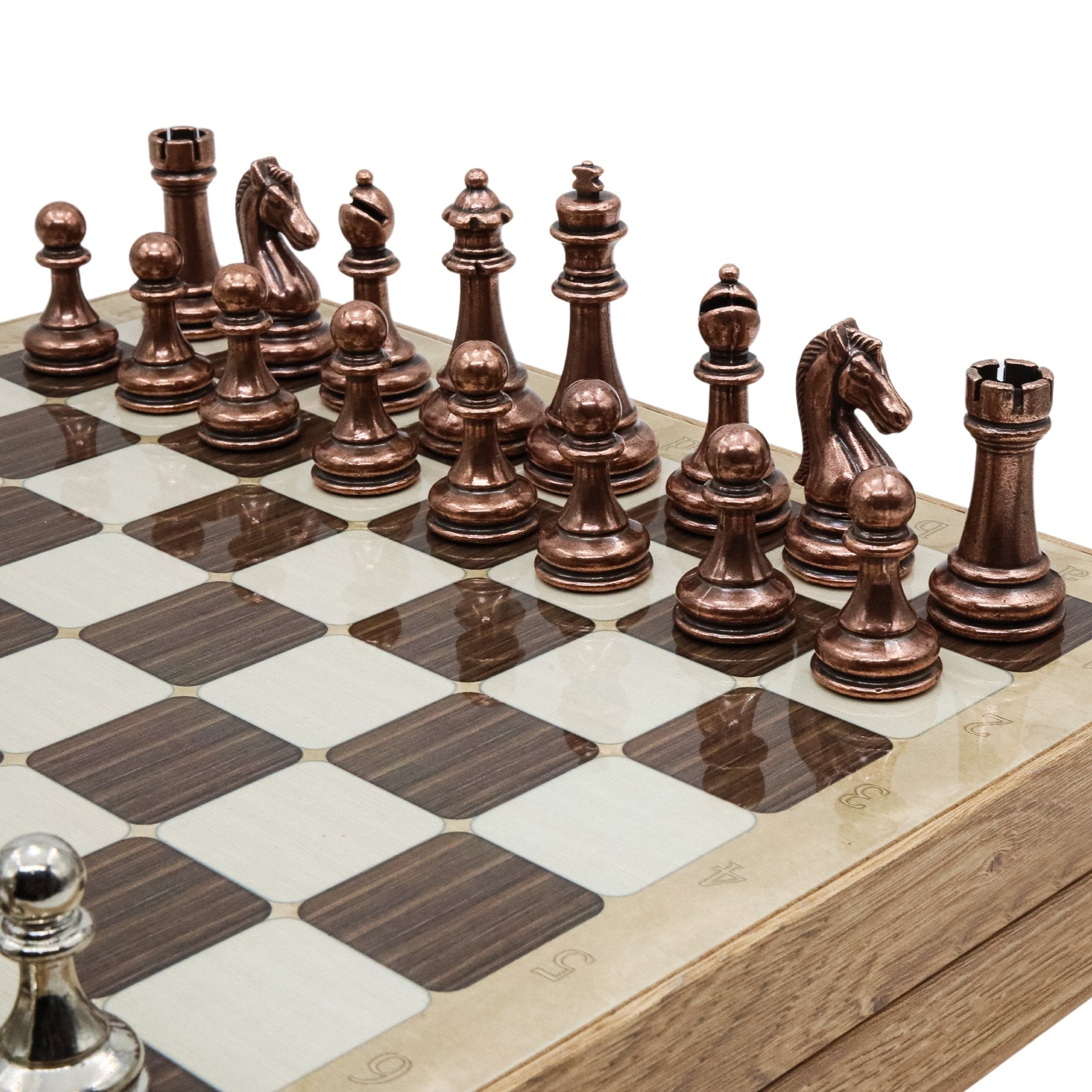 37 CM (15") Storage Chess Set with Metal Weighted Staunton Figures (Bronze vs Silver) - Cooper Chess