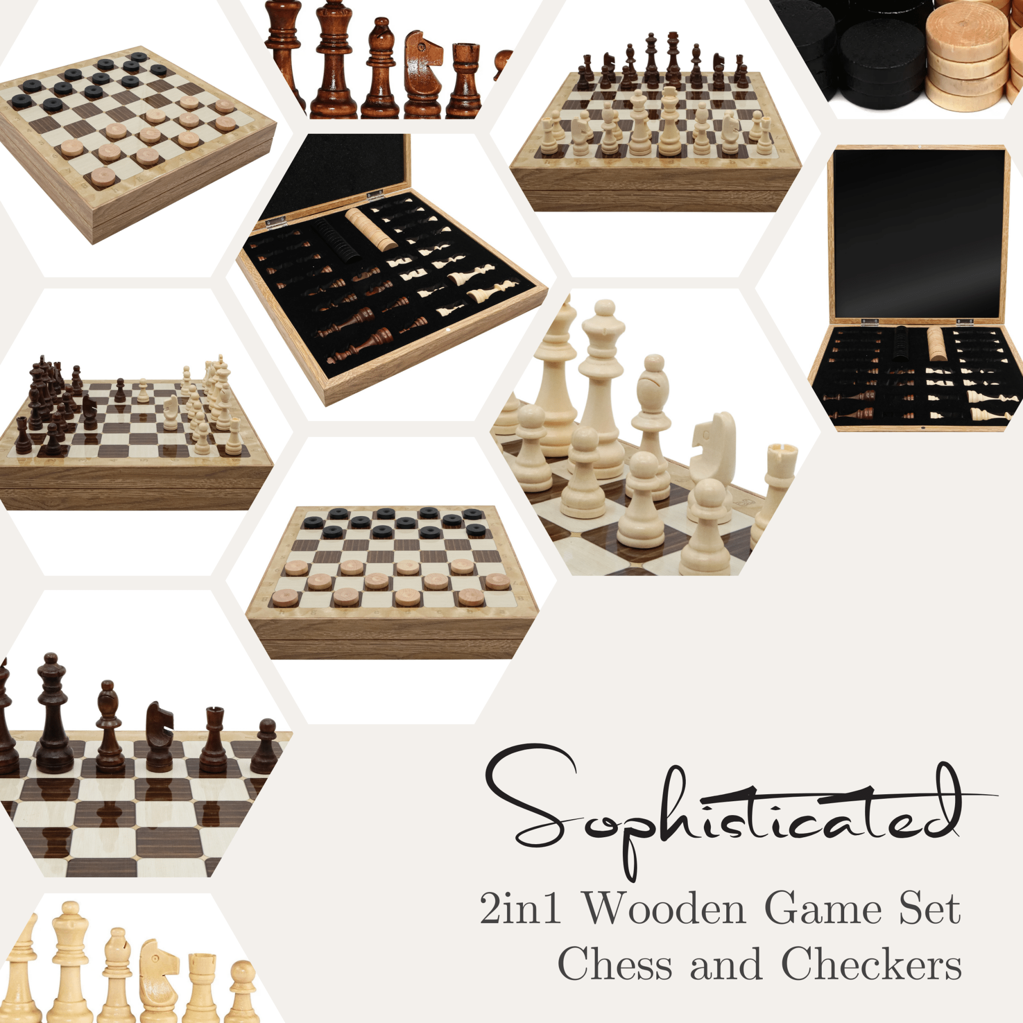 Wooden Storage Chess Set, Checkers, Draughts | 3in1 Game Set | 14 INCH (36CM) | Oak Colour Board, Wooden Chess Pieces & Checkers - Cooper Chess