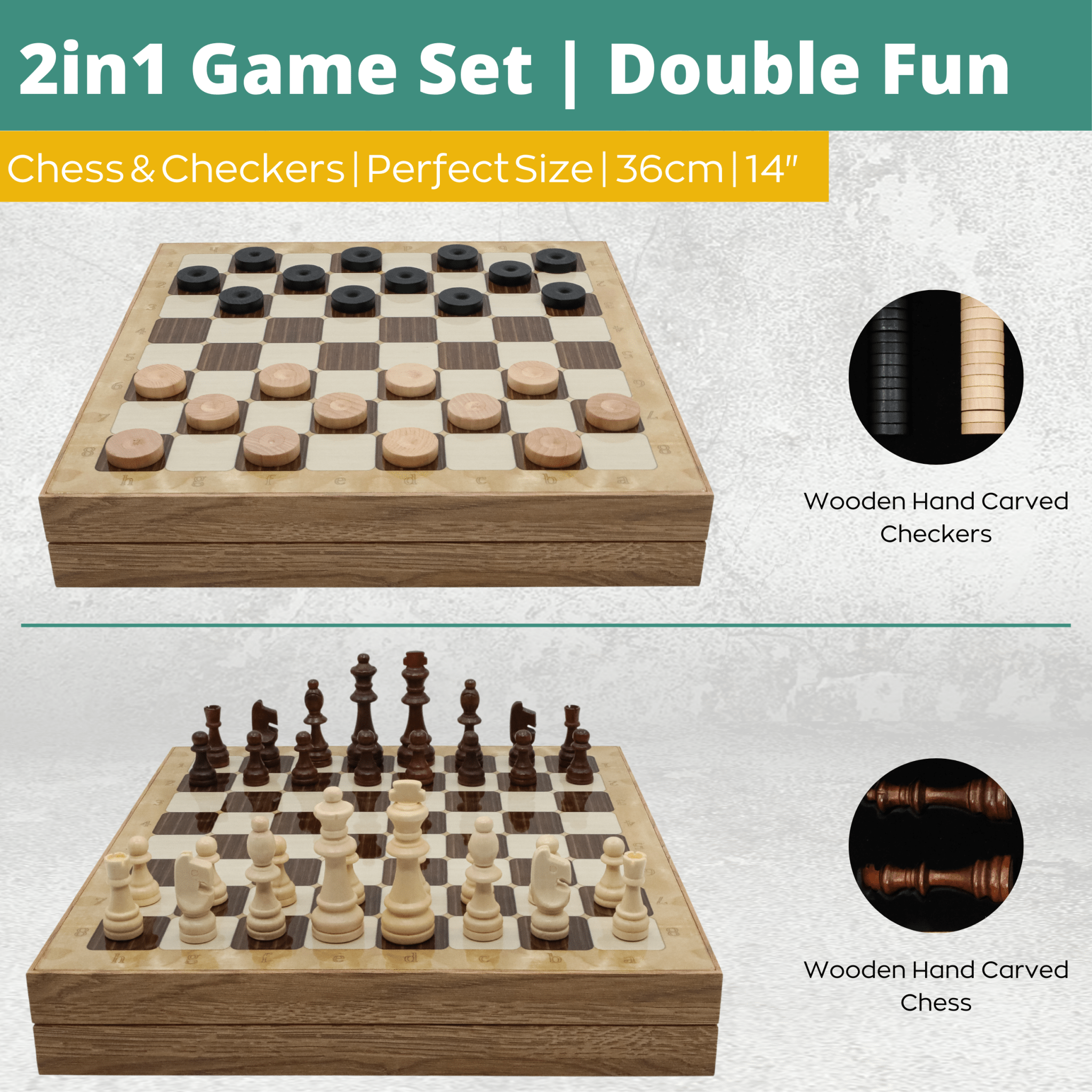 Wooden Storage Chess Set, Checkers, Draughts | 3in1 Game Set | 14 INCH (36CM) | Oak Colour Board, Wooden Chess Pieces & Checkers - Cooper Chess