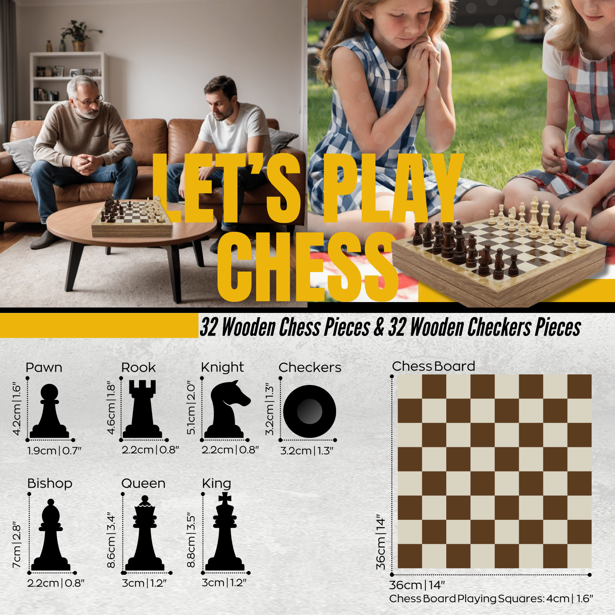 Wooden Storage Chess Set, Checkers, Draughts | 3in1 Game Set | 14 INCH (36CM) | Oak Colour Board, Wooden Chess Pieces & Checkers - Cooper Chess