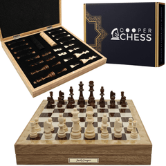 Wooden Storage Chess Set, Checkers, Draughts | 3in1 Game Set | 14 INCH (36CM) | Oak Colour Board, Wooden Chess Pieces & Checkers - Cooper Chess