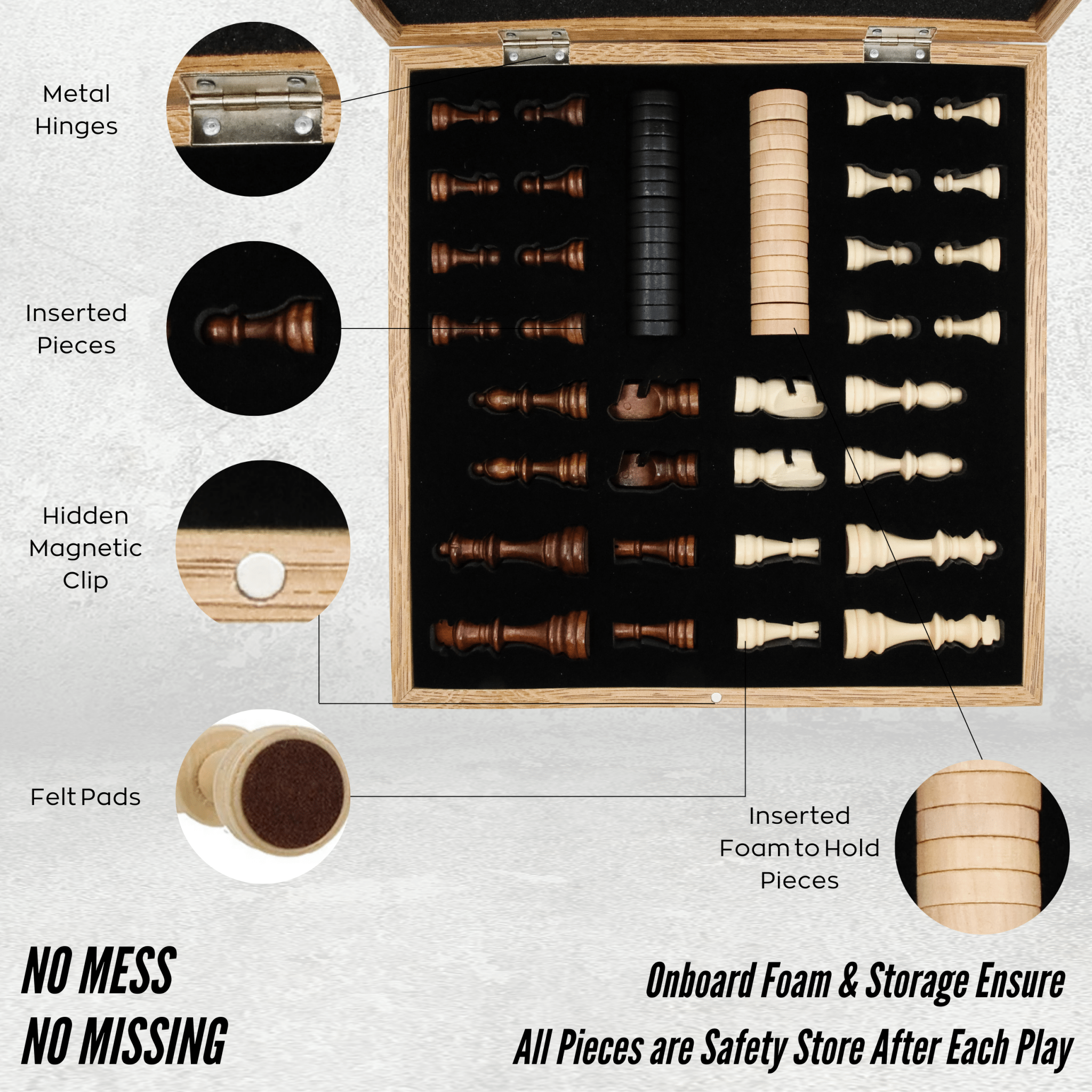 Wooden Storage Chess Set, Checkers, Draughts | 3in1 Game Set | 14 INCH (36CM) | Oak Colour Board, Wooden Chess Pieces & Checkers - Cooper Chess