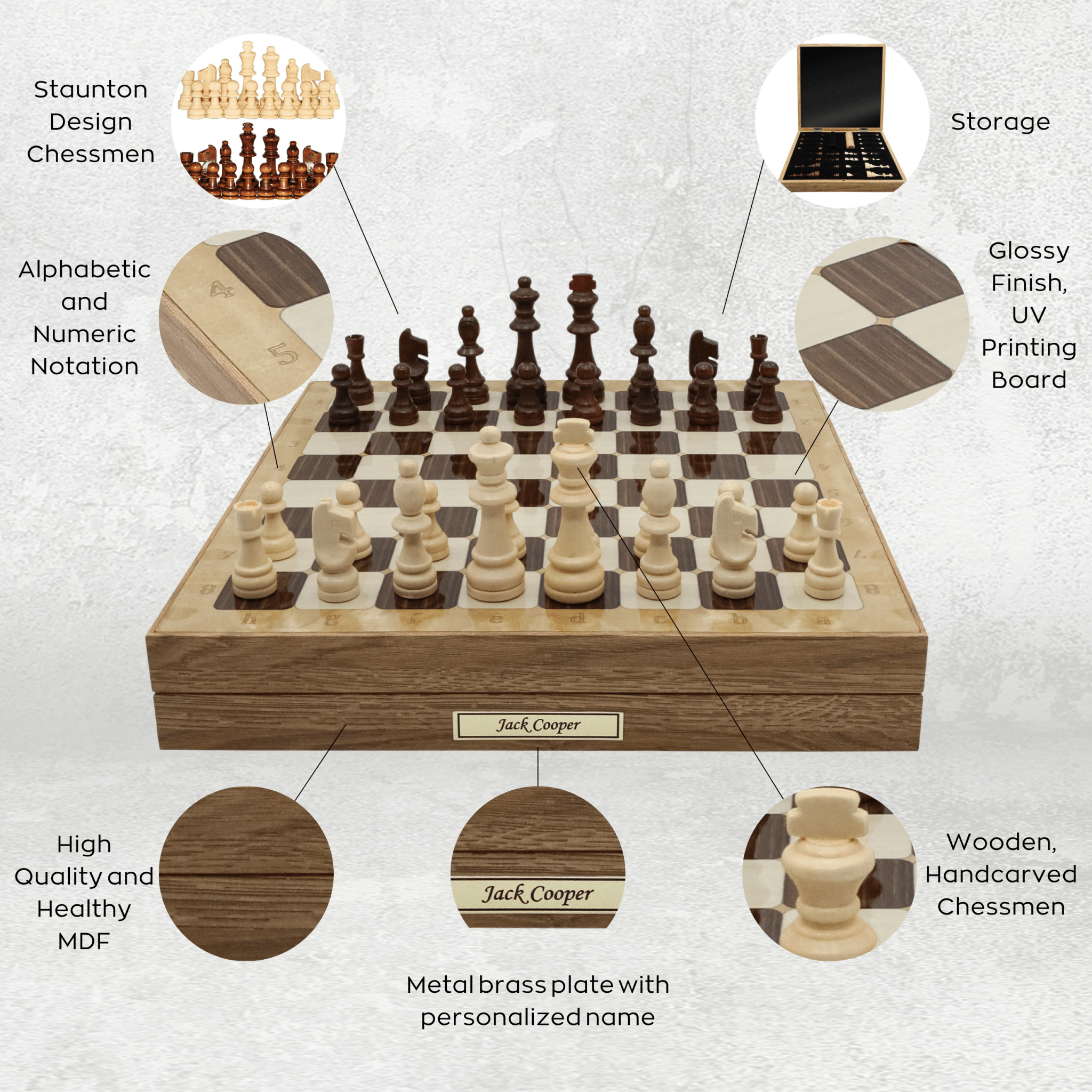 Wooden Storage Chess Set, Checkers, Draughts | 3in1 Game Set | 14 INCH (36CM) | Oak Colour Board, Wooden Chess Pieces & Checkers - Cooper Chess