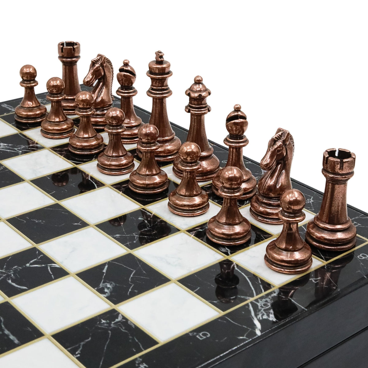 30 CM (12") Storage Chess Set with Metal Weighted Staunton Figures (Bronze vs Silver) - Cooper Chess
