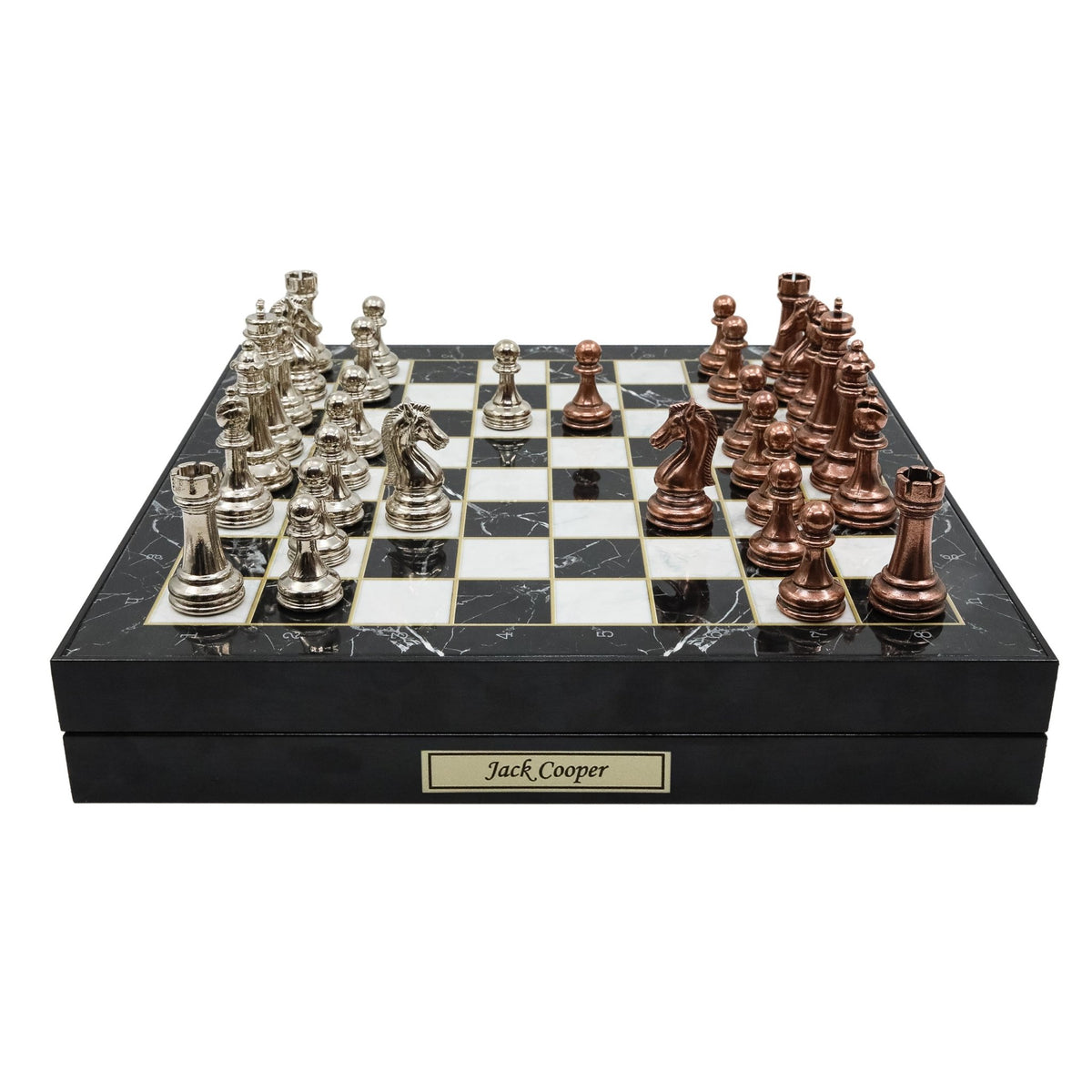 30 CM (12") Storage Chess Set with Metal Weighted Staunton Figures (Bronze vs Silver) - Cooper Chess