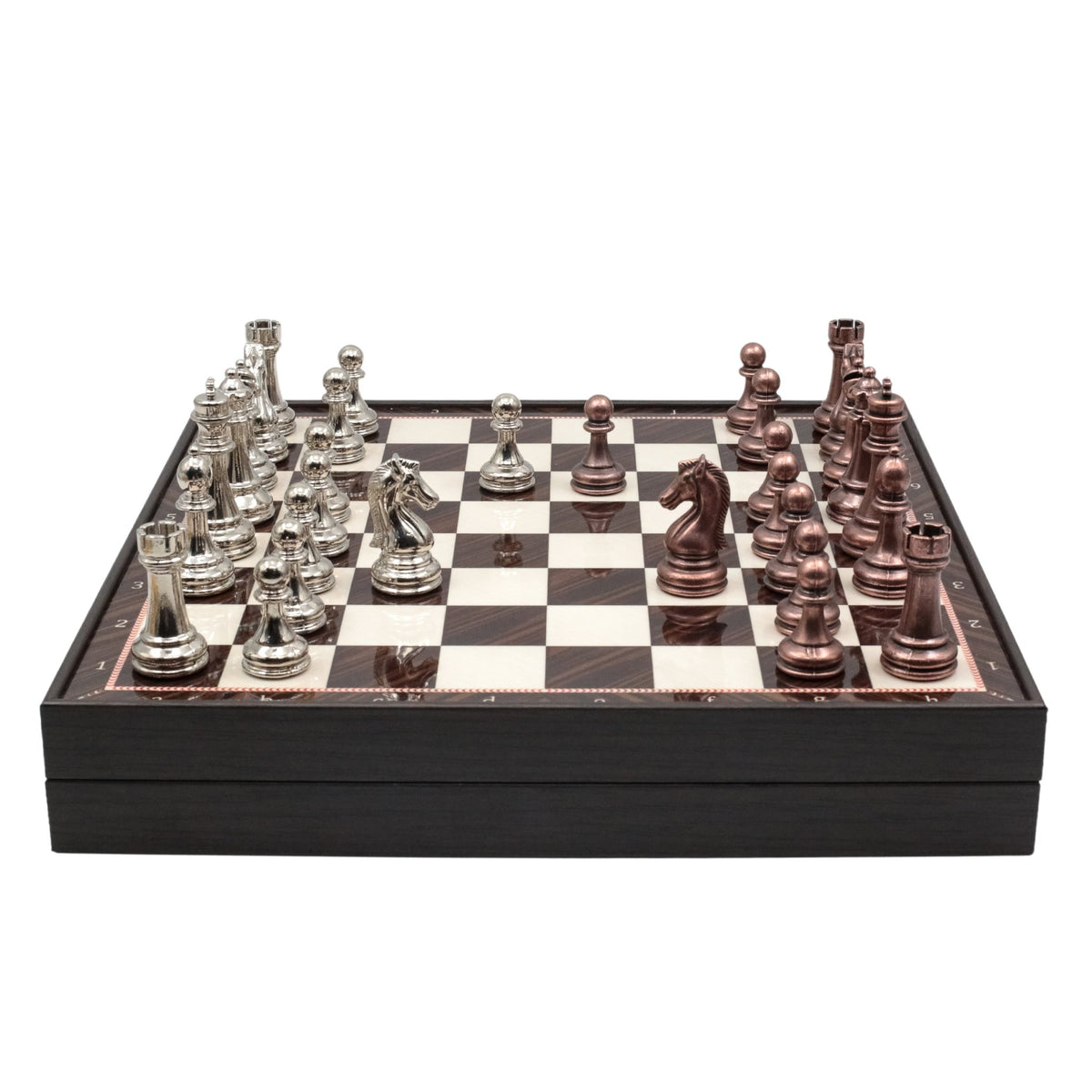 30 CM (12") Storage Chess Set with Metal Weighted Staunton Figures (Bronze vs Silver) - Cooper Chess