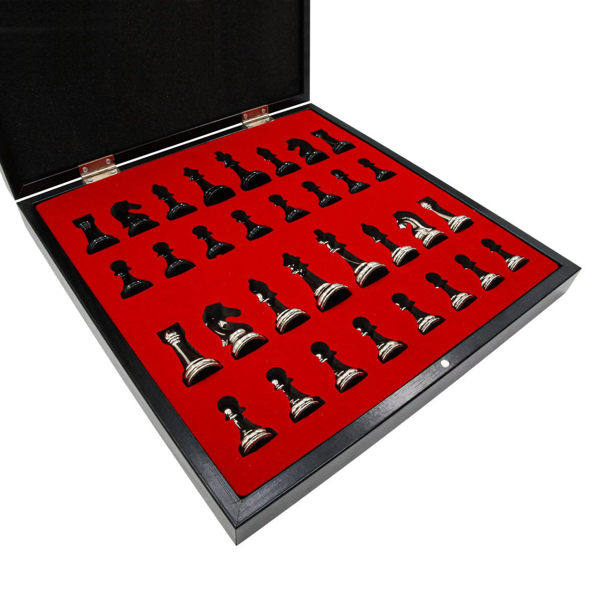 30 CM (12") Storage Chess Set with Metal Weighted Staunton Figures (Black vs Silver) - Cooper Chess