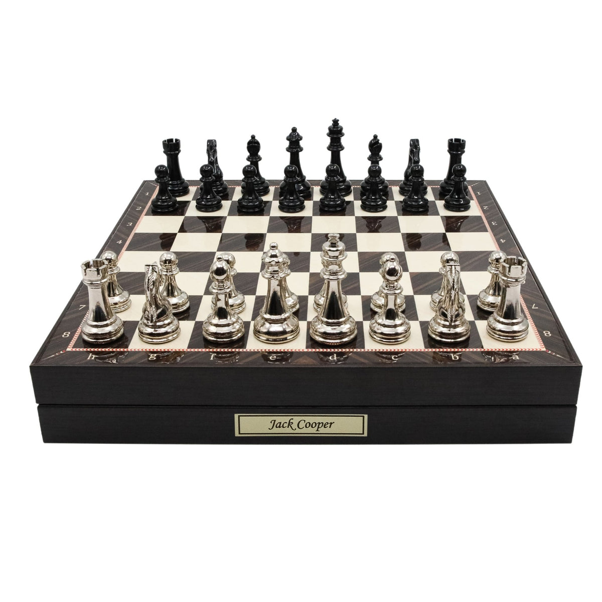 30 CM (12") Storage Chess Set with Metal Weighted Staunton Figures (Black vs Silver) - Cooper Chess