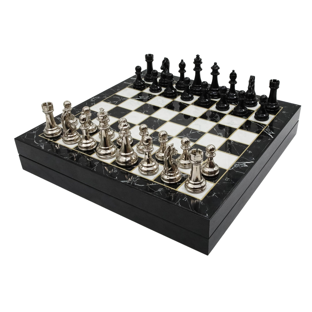 30 CM (12") Storage Chess Set with Metal Weighted Staunton Figures (Black vs Silver) - Cooper Chess
