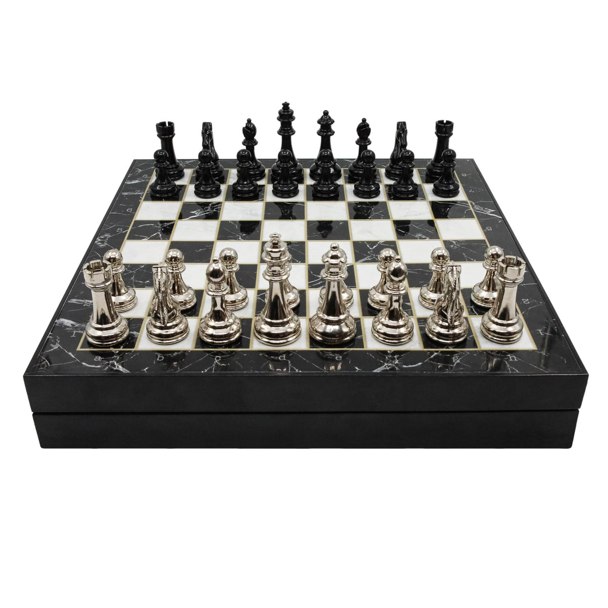 30 CM (12") Storage Chess Set with Metal Weighted Staunton Figures (Black vs Silver) - Cooper Chess