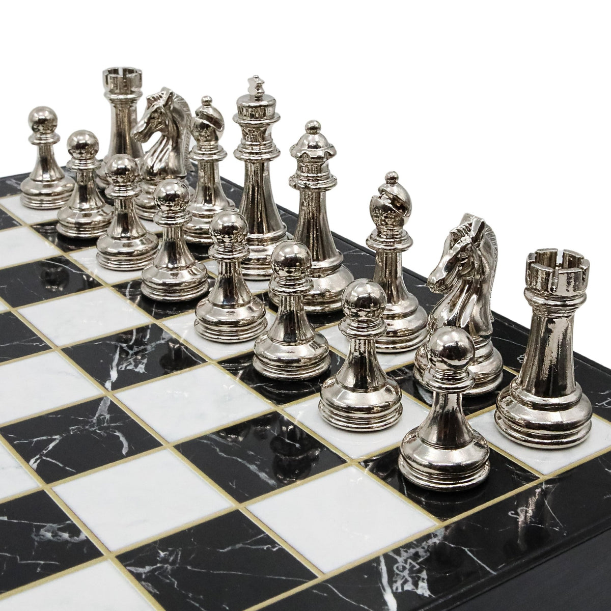 30 CM (12") Storage Chess Set with Metal Weighted Staunton Figures (Black vs Silver) - Cooper Chess