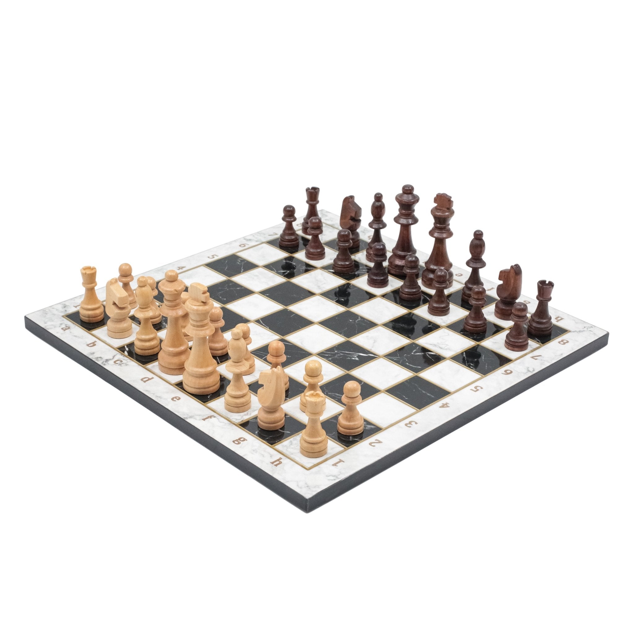 White Marble Look Wooden Chess Set with Wooden Chess Pieces - Cooper Chess