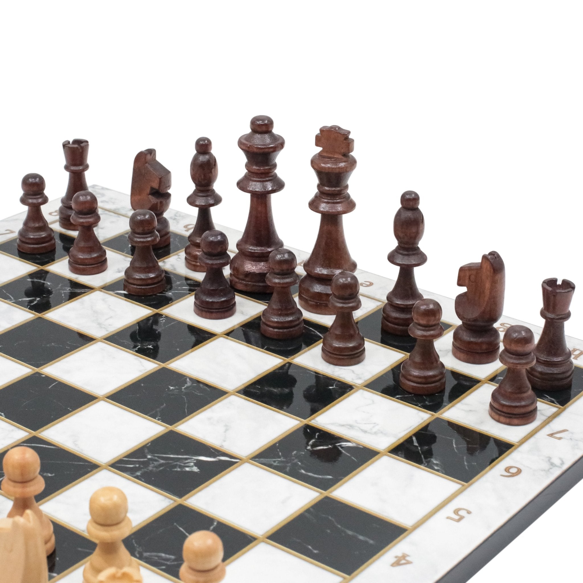 White Marble Look Wooden Chess Set with Wooden Chess Pieces - Cooper Chess