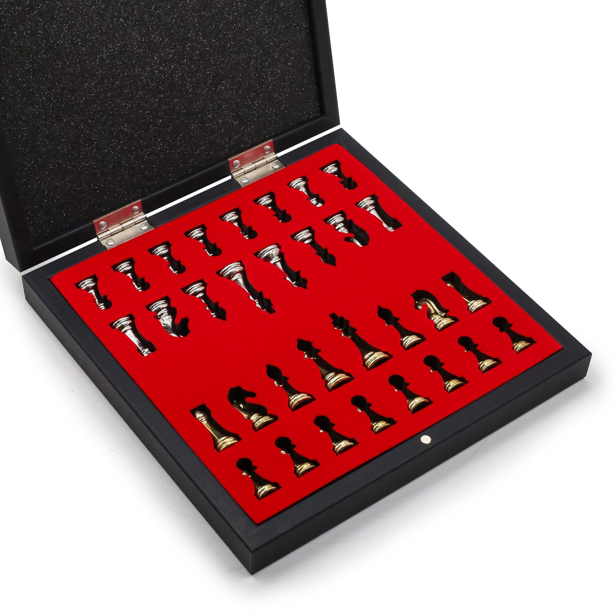 Metal Chess Set with Storage | Staunton Weighted Pieces | Walnut Patterned Board - Cooper Chess