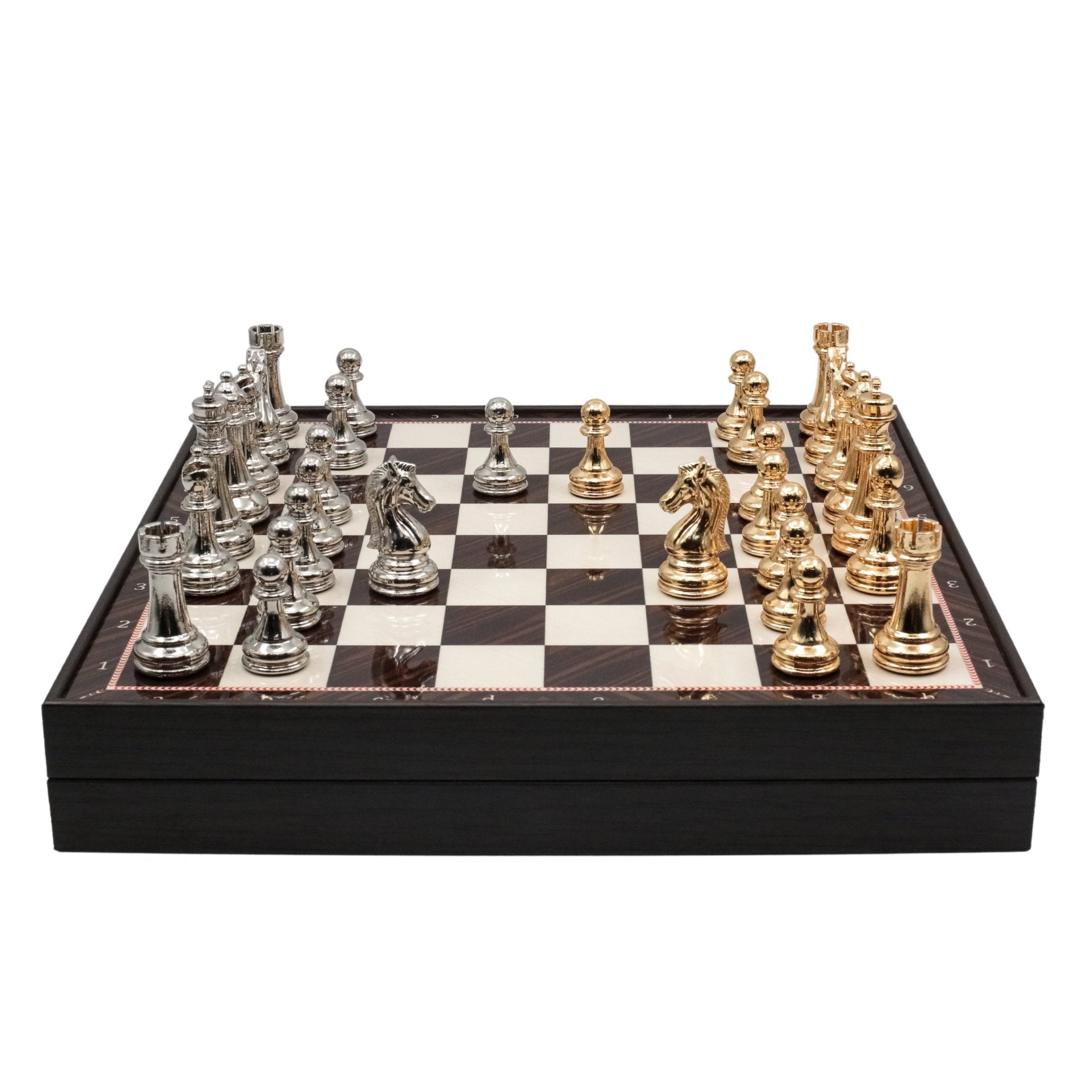 Metal Chess Set with Storage | Staunton Weighted Pieces | Walnut Patterned Board - Cooper Chess