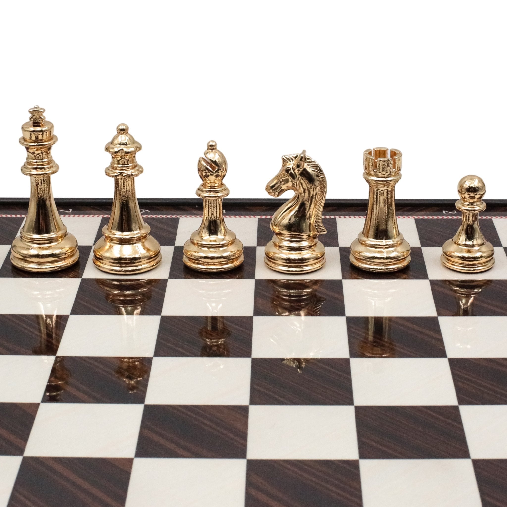 Metal Chess Set with Storage | Staunton Weighted Pieces | Walnut Patterned Board - Cooper Chess