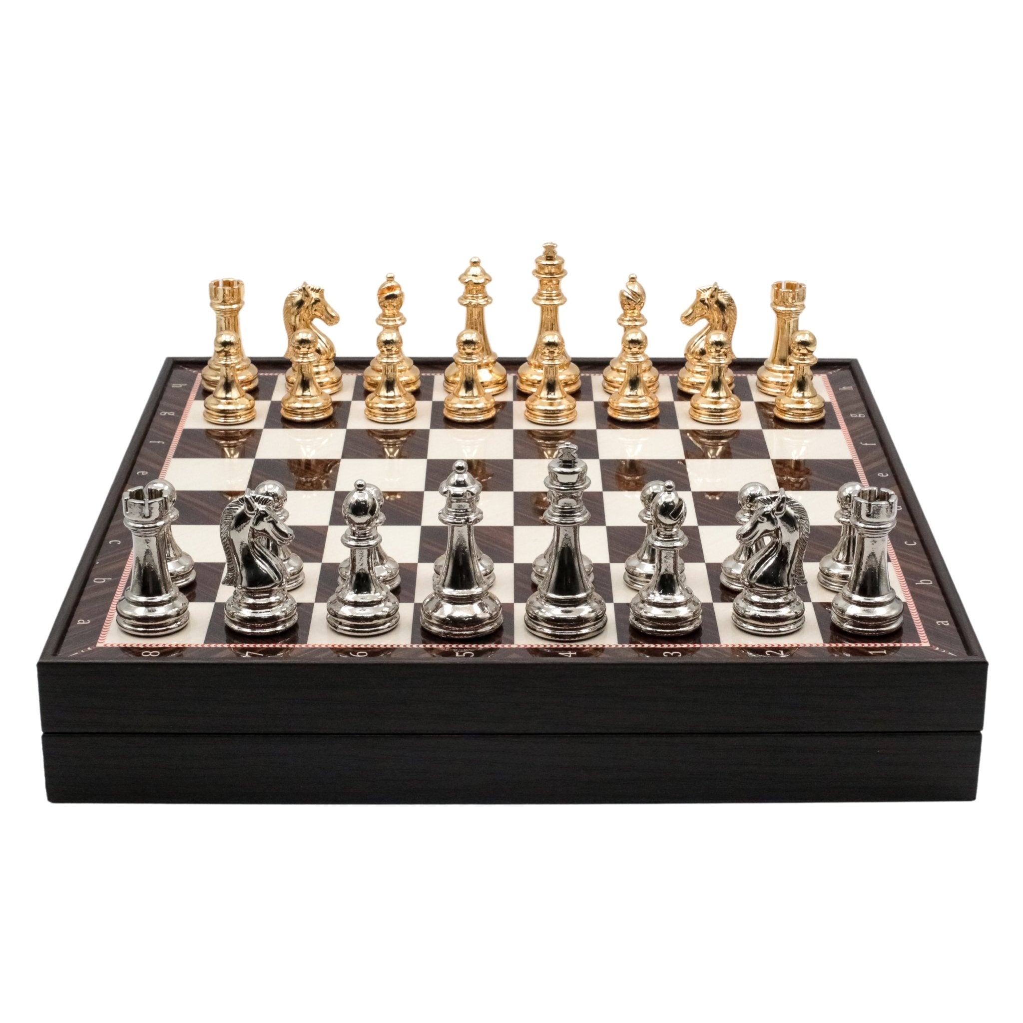 Metal Chess Set with Storage | Staunton Weighted Pieces | Walnut Patterned Board - Cooper Chess