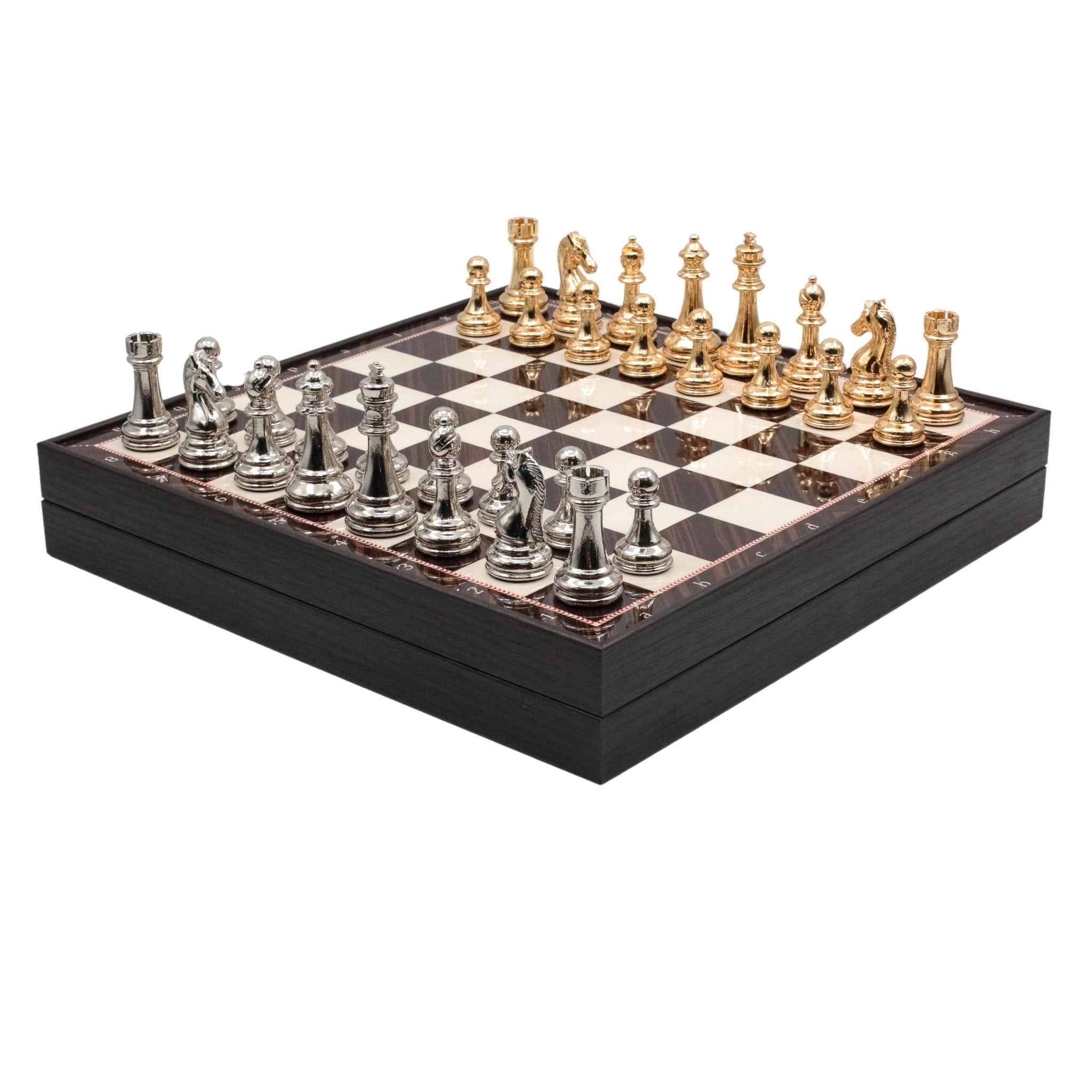 Metal Chess Set with Storage | Staunton Weighted Pieces | Walnut Patterned Board - Cooper Chess