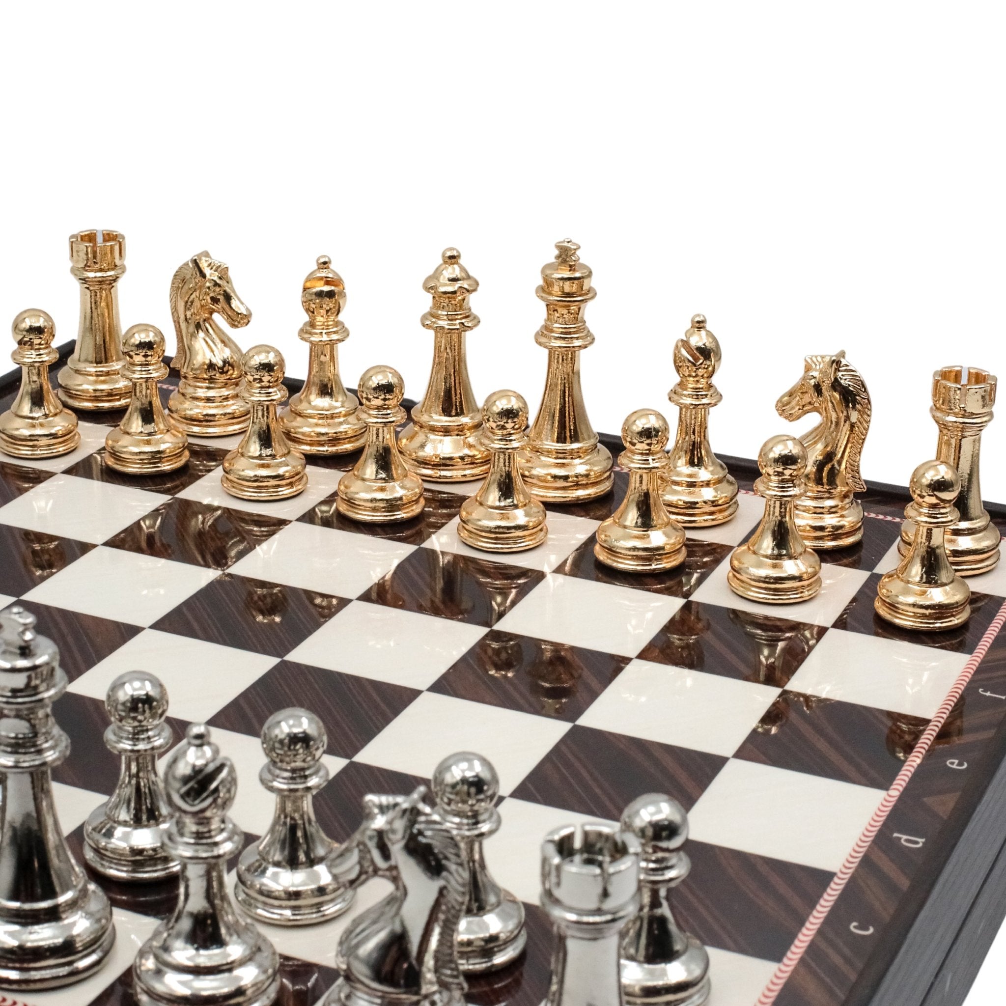 Metal Chess Set with Storage | Staunton Weighted Pieces | Walnut Patterned Board - Cooper Chess