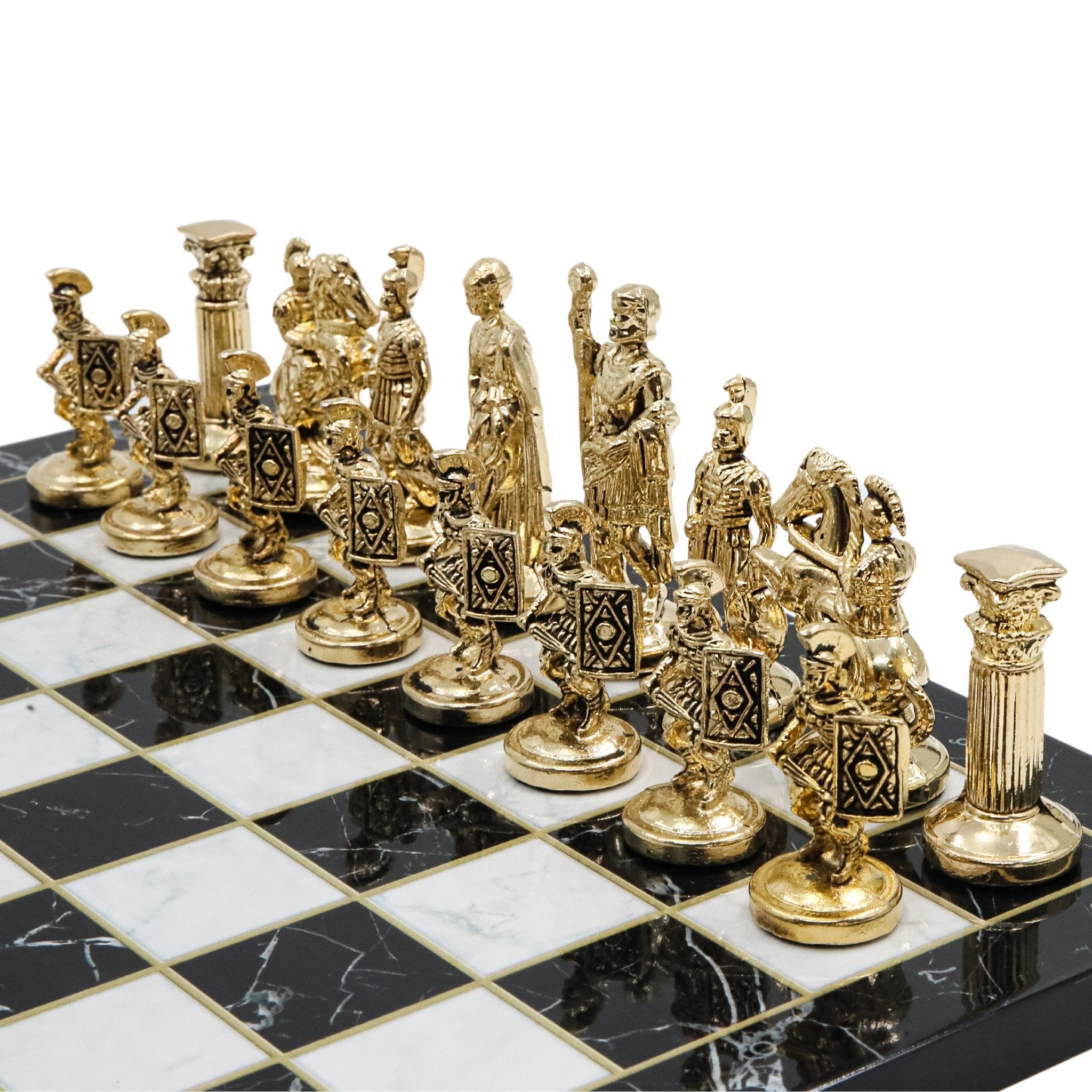 Roman Empire Caesar Metal Chess Set Model 2| Wooden Chess Board 30CM (12") with Die Cast Metal Stands - Cooper Chess