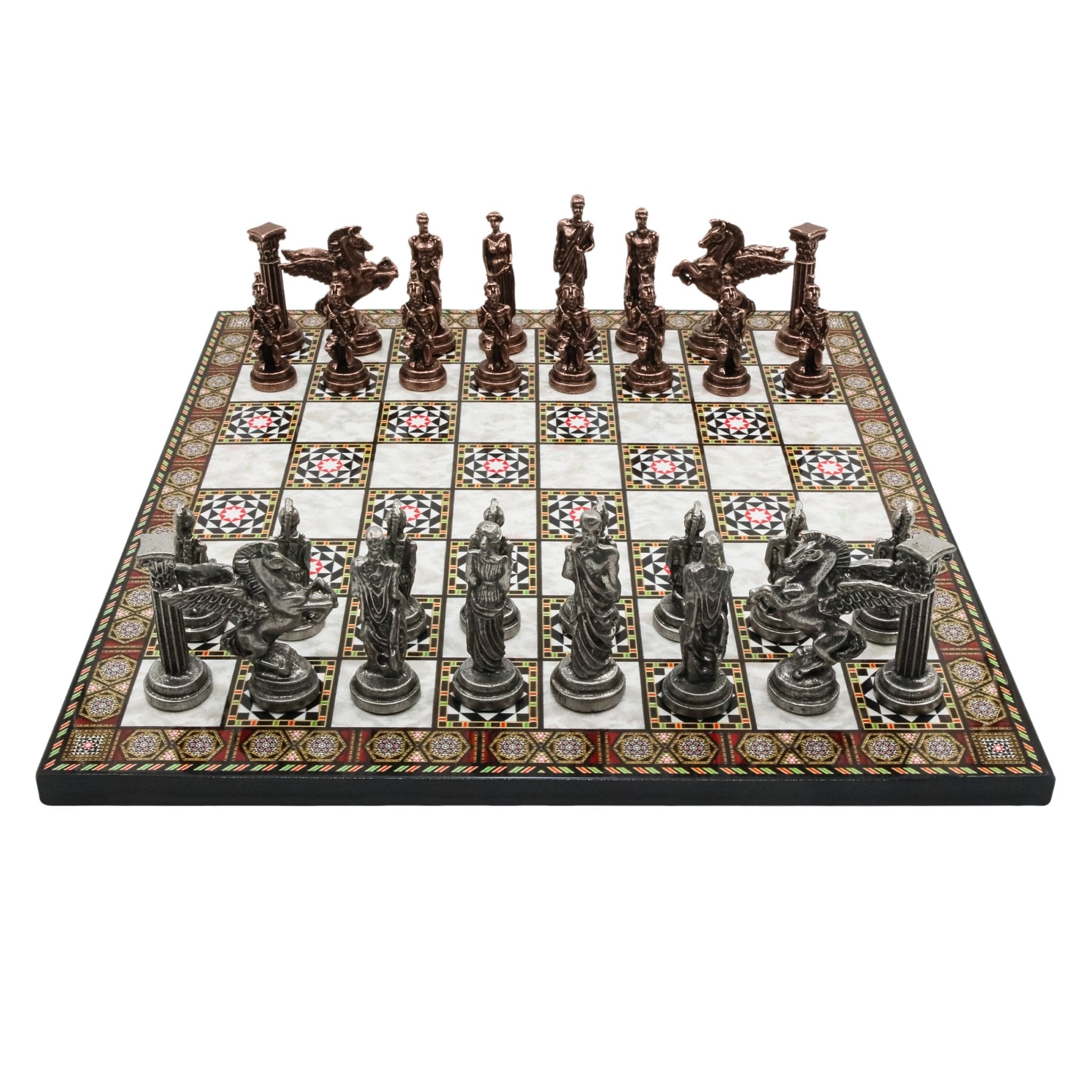 Greek Mythology Pegasus Metal Chess Set | Wooden Chess Board 37CM (15") with Die Cast Metal Stands (Vintage Silver vs Bronze) - Cooper Chess