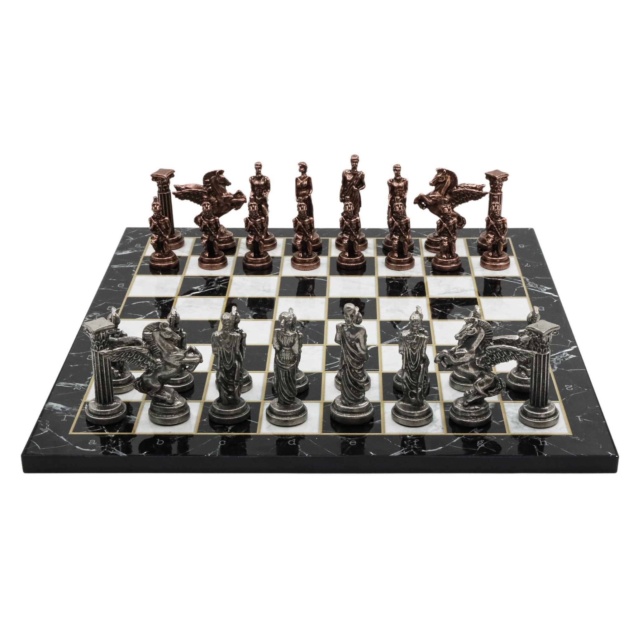 Greek Mythology Pegasus Metal Chess Set | Wooden Chess Board 37CM (15") with Die Cast Metal Stands (Vintage Silver vs Bronze) - Cooper Chess