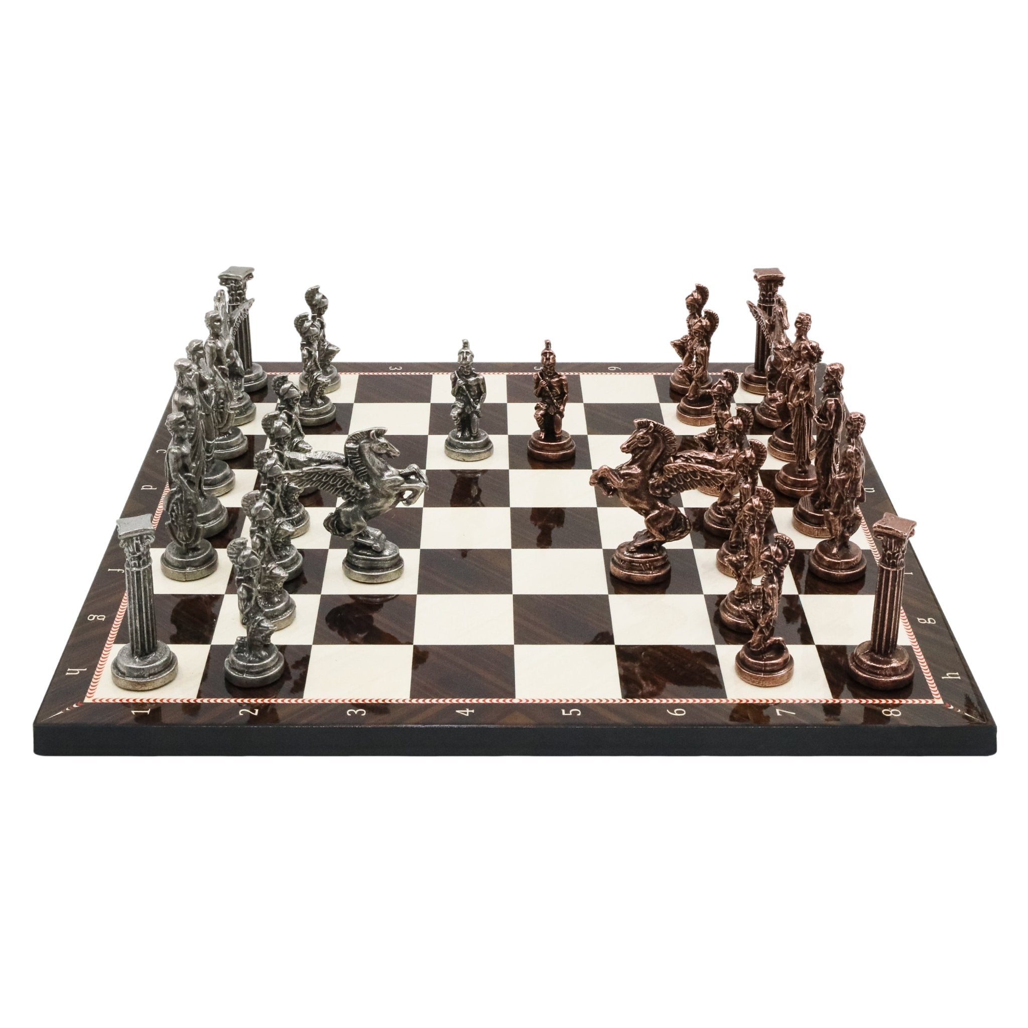 Greek Mythology Pegasus Metal Chess Set | Wooden Chess Board 37CM (15") with Die Cast Metal Stands (Vintage Silver vs Bronze) - Cooper Chess