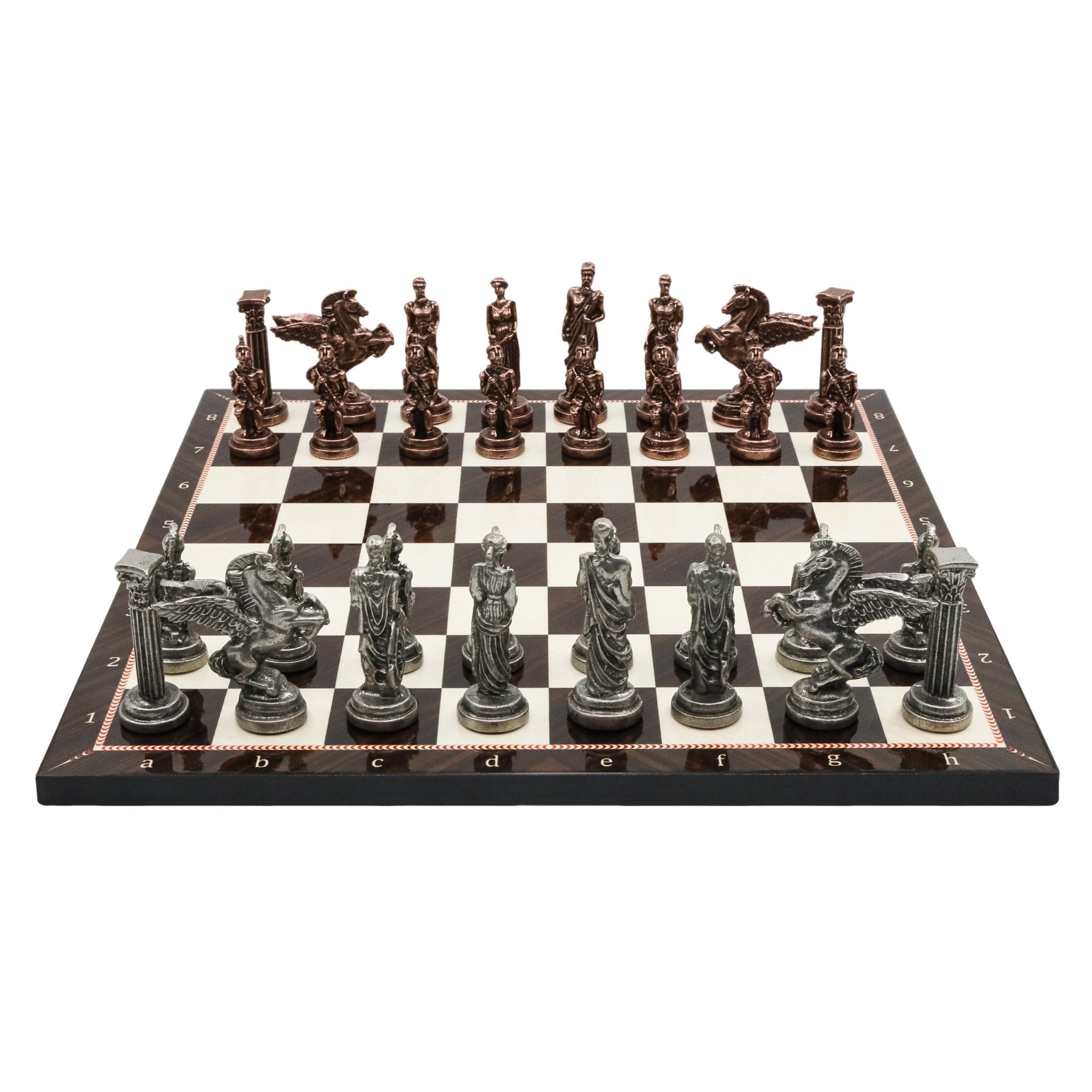 Greek Mythology Pegasus Metal Chess Set | Wooden Chess Board 37CM (15") with Die Cast Metal Stands (Vintage Silver vs Bronze) - Cooper Chess