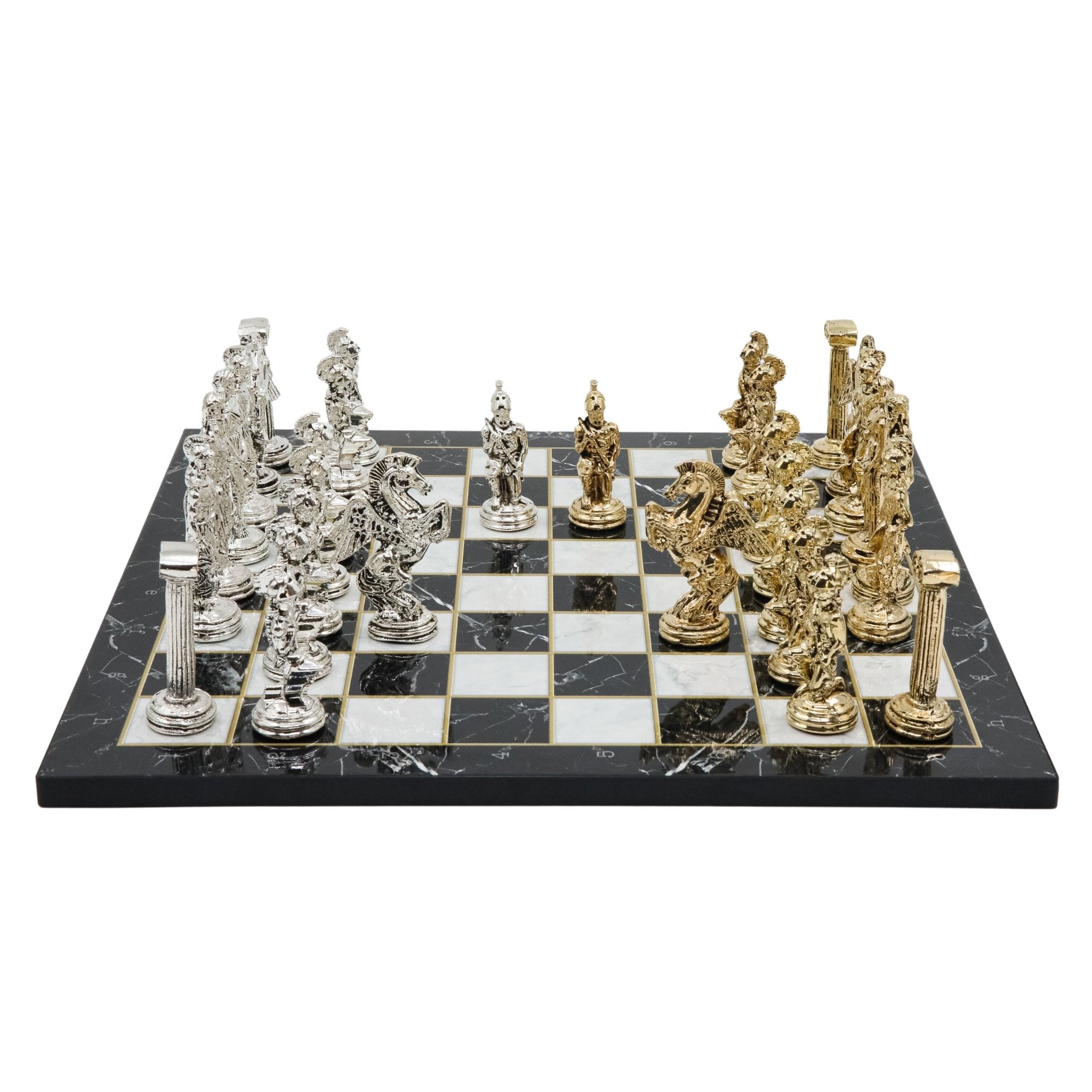 Greek Mythology Pegasus Metal Chess Set | Wooden Chess Board 30CM (12") with Die Cast Metal Stands - Cooper Chess