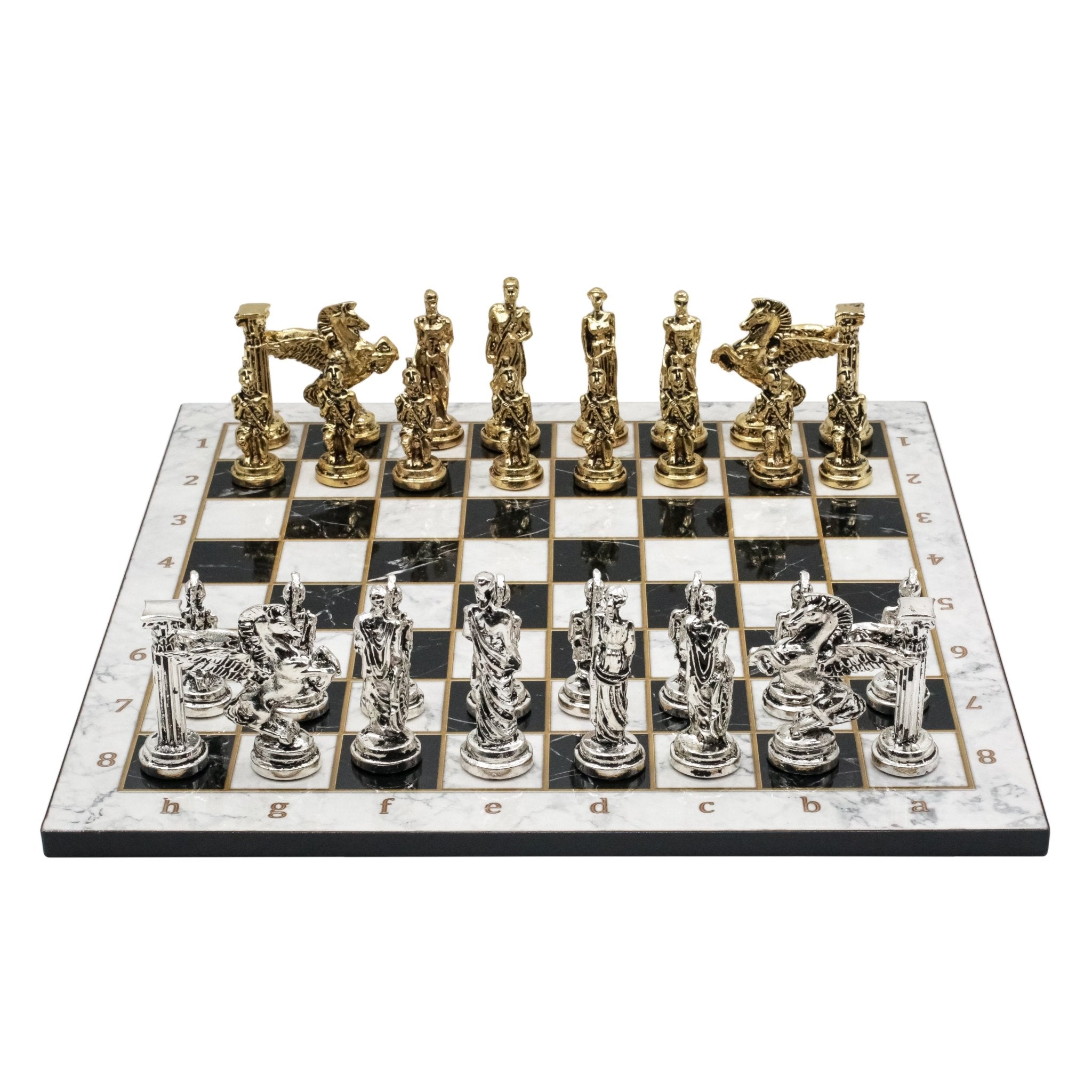 Greek Mythology Pegasus Metal Chess Set | Wooden Chess Board 37CM (15") with Die Cast Metal Stands (Silver vs Gold) - Cooper Chess