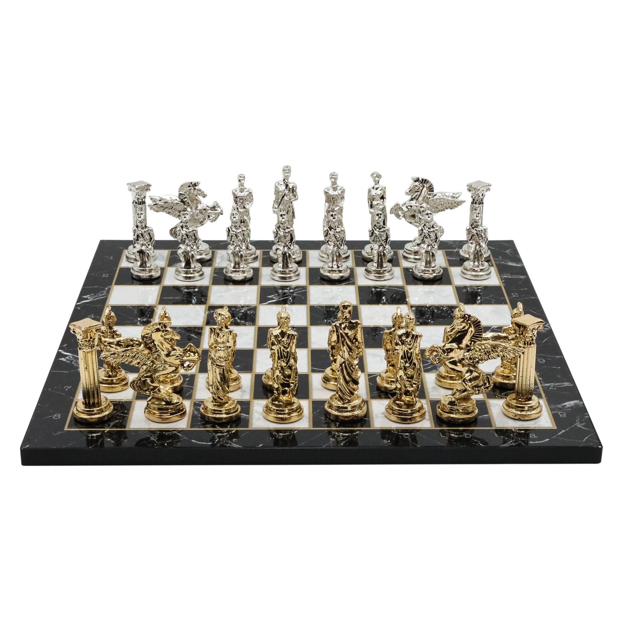 Greek Mythology Pegasus Metal Chess Set | Wooden Chess Board 37CM (15") with Die Cast Metal Stands (Silver vs Gold) - Cooper Chess